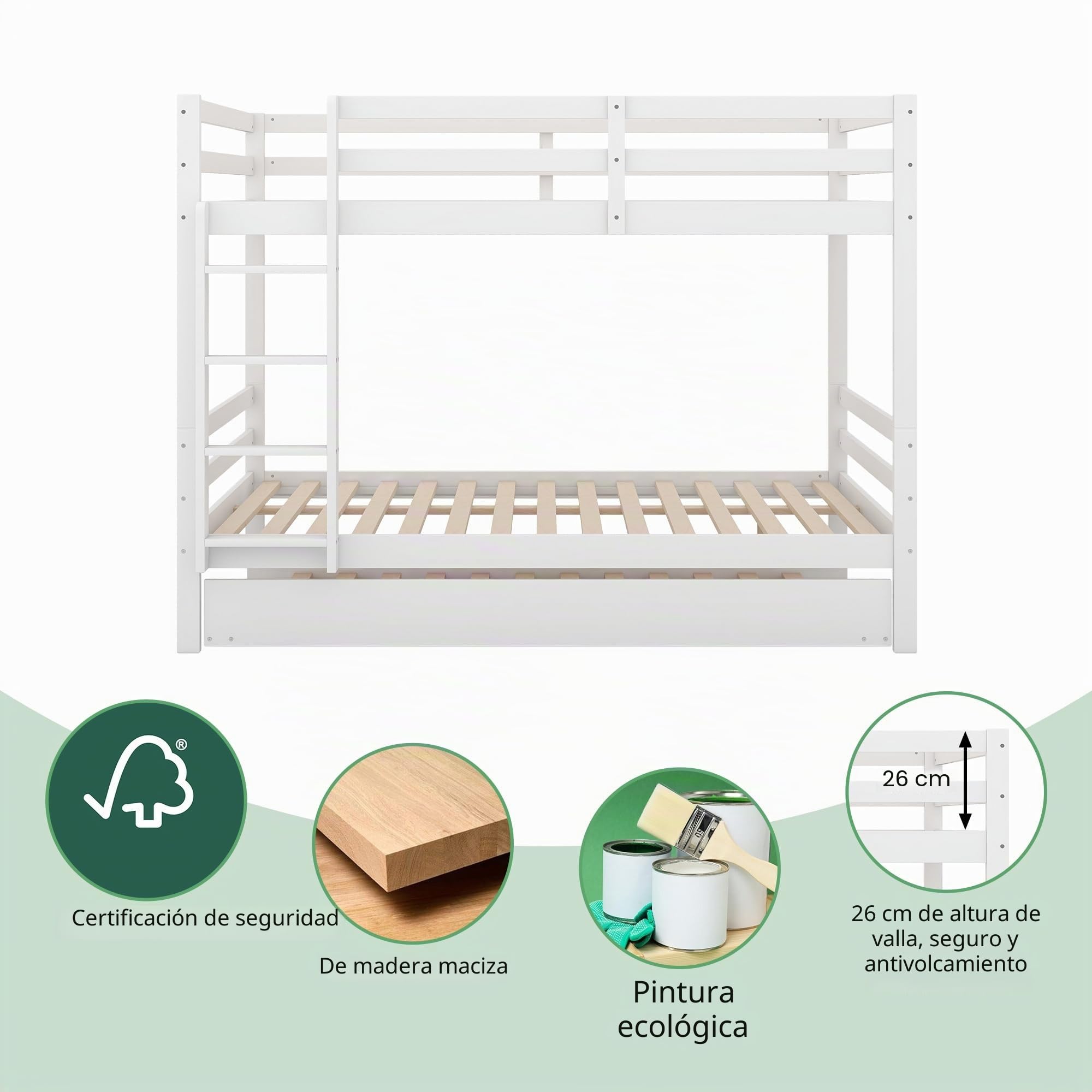Azkoeesy Litera Triple 140x200 cm con Cama Nido para 3 a 5 Personas, Estructura Estable de Madera de Pino, con Escalera, Somier, Adecuada para niños y Adolescentes, Color Blanco