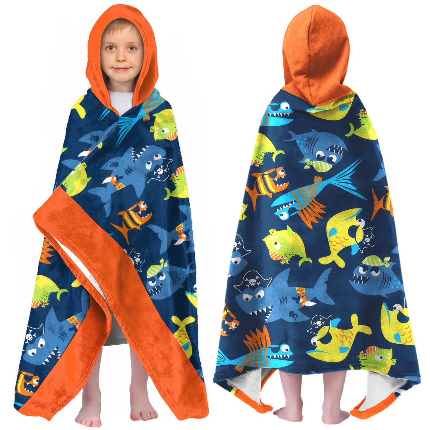 Shark Boys Beach Towel with Hoodie for Kids Toddlers Age 4-8,Shark Blue Bath Towels Shower Wrap for Boys, Hooded Poncho Beach Blanket for Pool Swimming Cute Wearable Bath Towel for Child