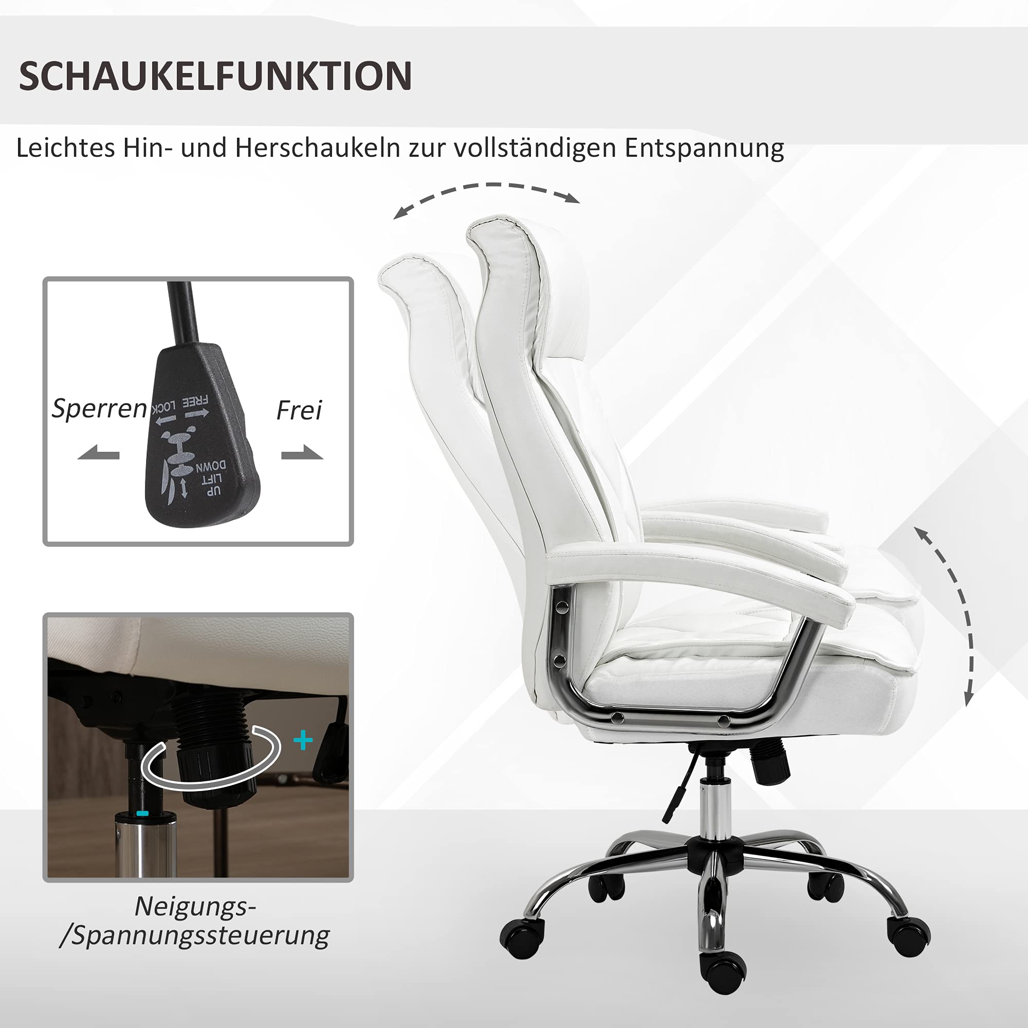 biurowe Vinsetto fotel biurowy krzesło do gier fotel obrotowy ergonomiczne z funkcją kołysania regulacja wysokości wzór w romby nowoczesne eleganckie luksusowe skóra PU metal pianka kolor biały