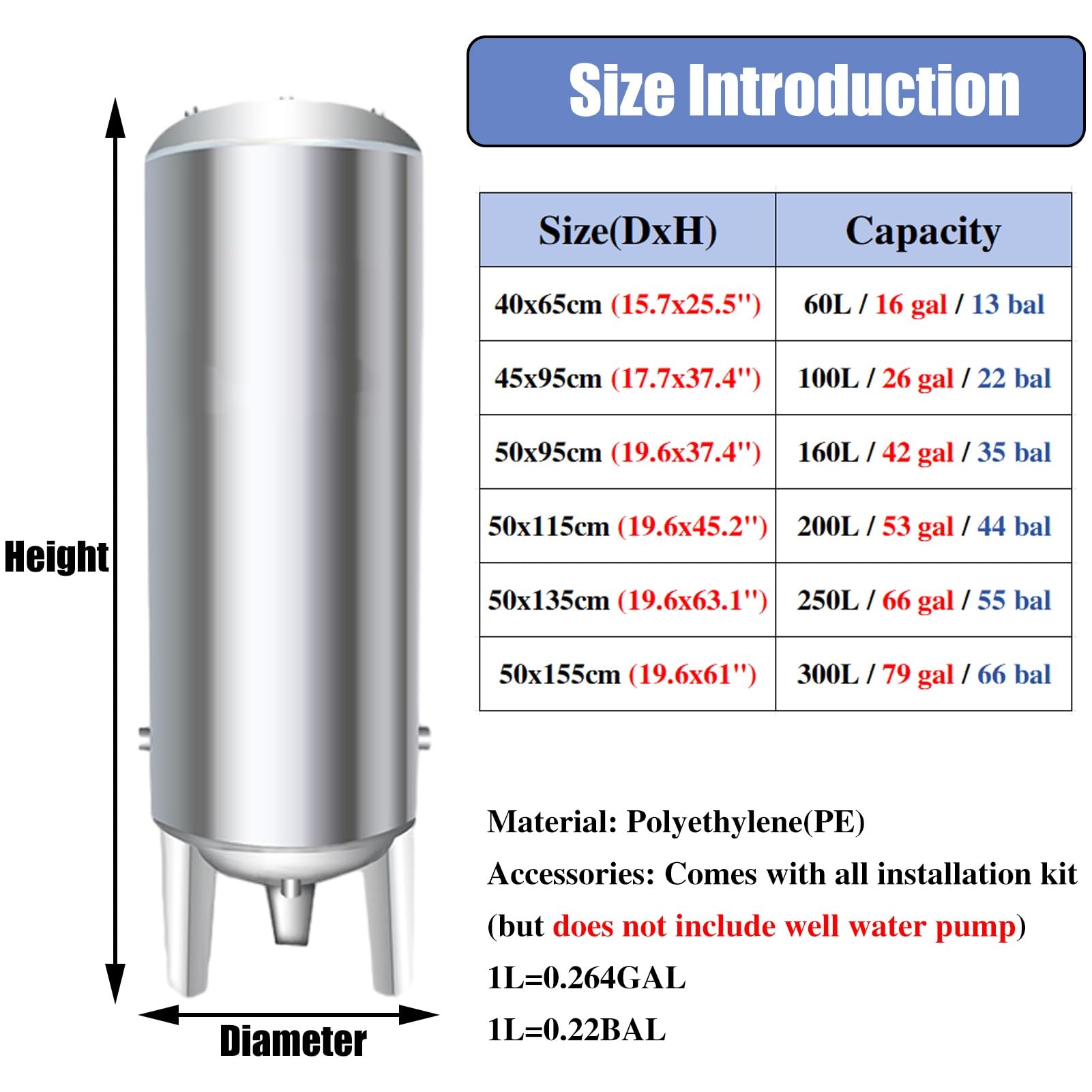 Vaso di Espansione Serbatoio di Pressione Dell'acqua di Pozzo con Accumulatore Precaricato Senza Pompa di Pozzo, Serbatoio di Espansione Pressurizzato per Irrigatore per Macchina Dell'acqua(50x95cm (1