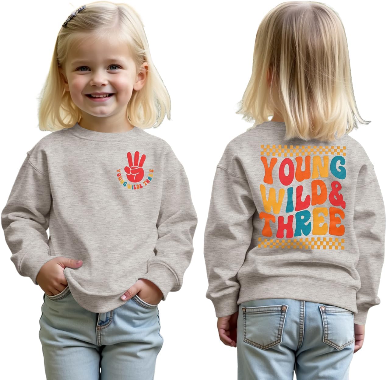 MODNTOGA Young Wild and Three Shirt Toddler Girl Third Birthday Sweatshirt 3rd Birthday Crewneck Outfit 3T B-Day Party Tops