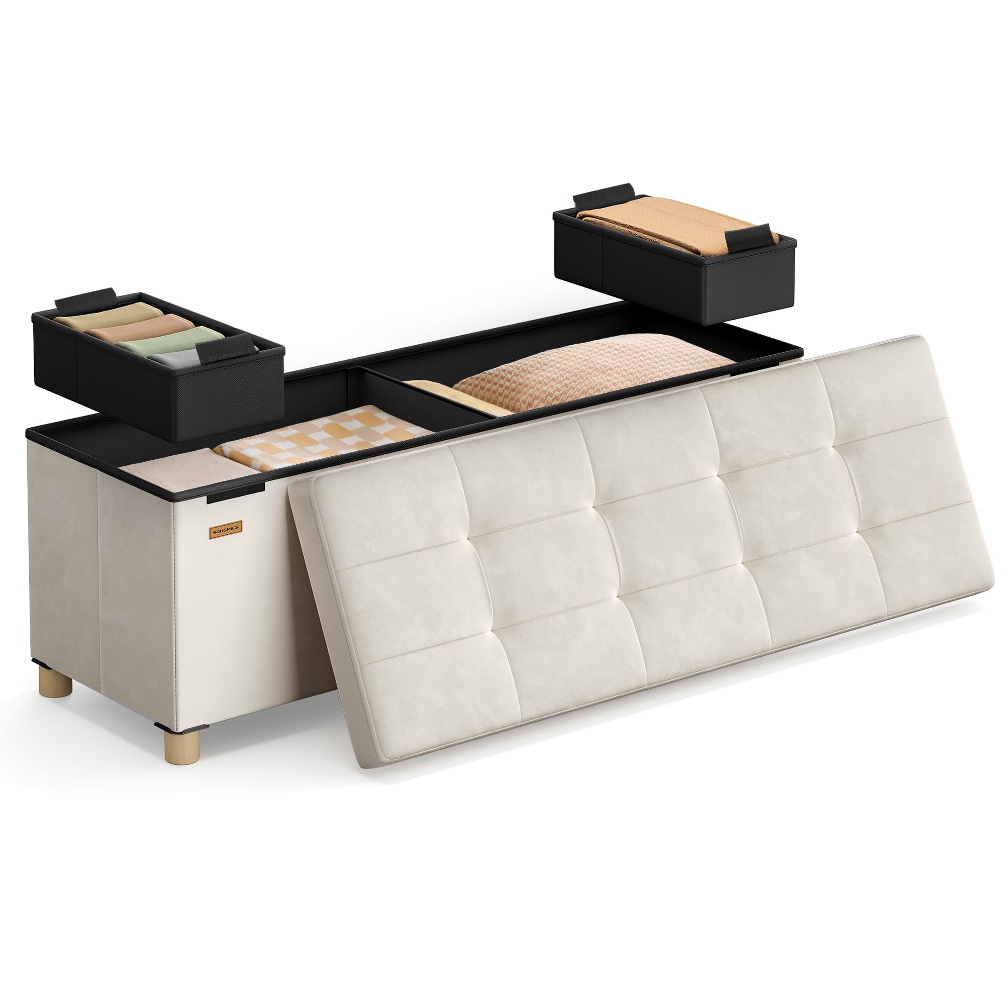 SONGMICS Storage Ottoman, 38 x 110 x 40 cm, Folding Storage Bench with Lid, Footstool, Footrest, 112 L, Velvet Surface, for Bedroom, Hallway, Living Room, Cappuccino Beige LSF0518W03
