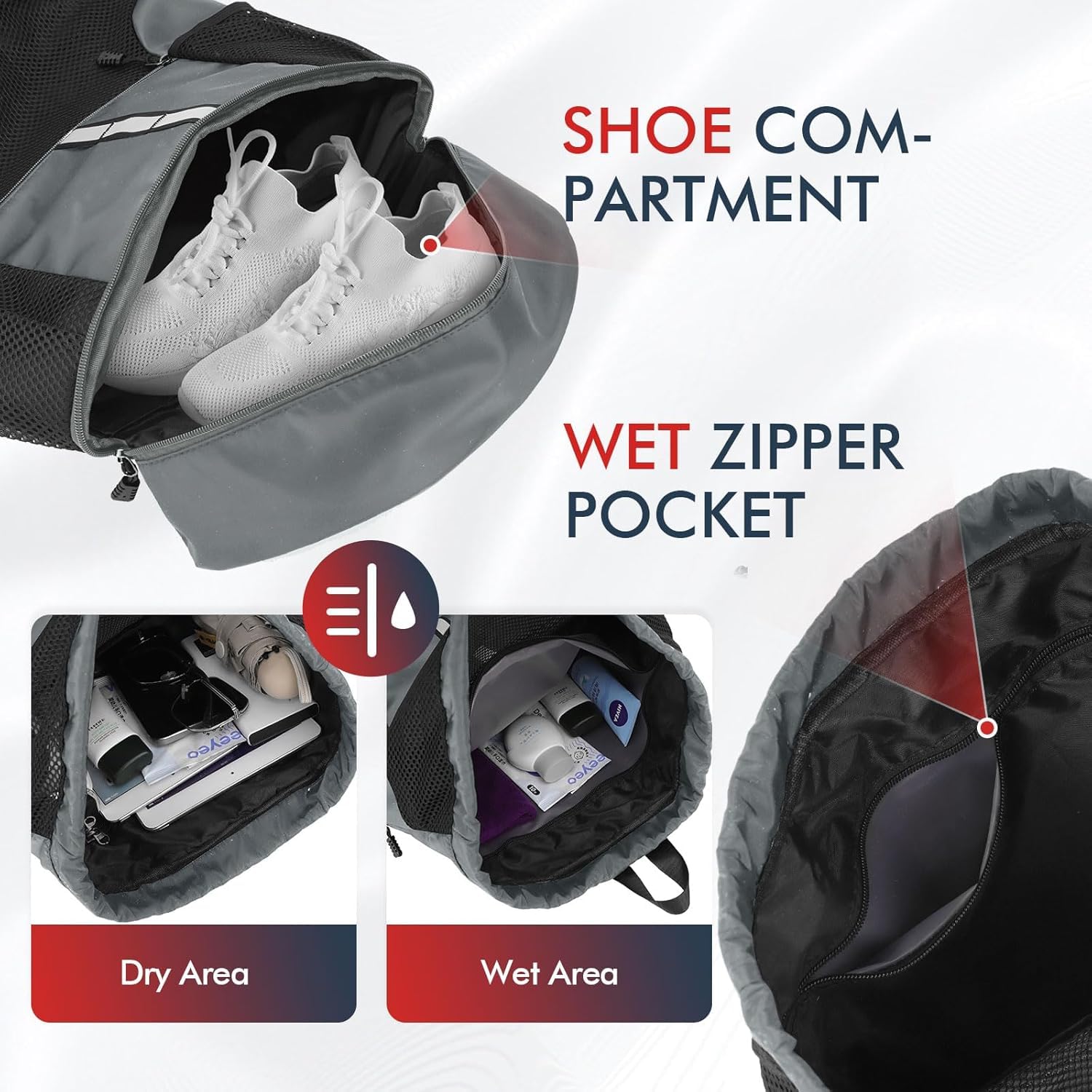 Borsa da palestra con coulisse, per uomo e donna, zaino sportivo in rete, con scomparto bagnato e scomparto per scarpe, borsa leggera da spiaggia e nuoto