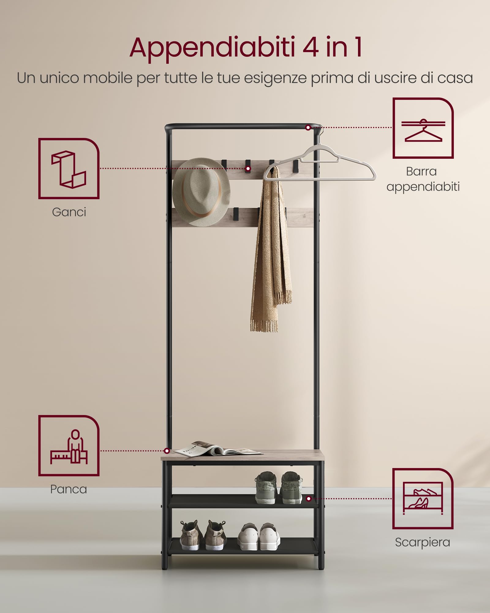 VASAGLE Appendiabiti da Ingresso con Panca Scarpiera, Attaccapanni con 9 Ganci Rimovibili e Barra Appendiabiti, 32,2 x 64 x 180 cm, Camera da Letto, Industriale, Greige e Nero HSR411B02