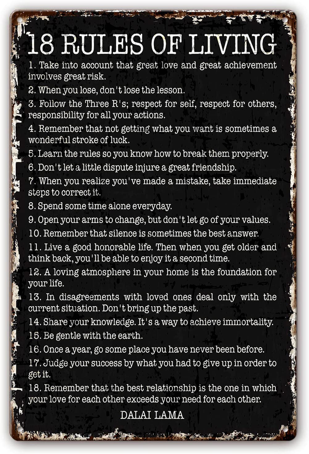 Preeklen Tin Sign 045 18 Rules Of Living Dalai Lama Quotes Wall Decor Metal Signs For Bedroom Wall Artwork Black Paintings Kitchen Printing Pictures Posters For Home Pictures For Bathrooms 6X8 Inch