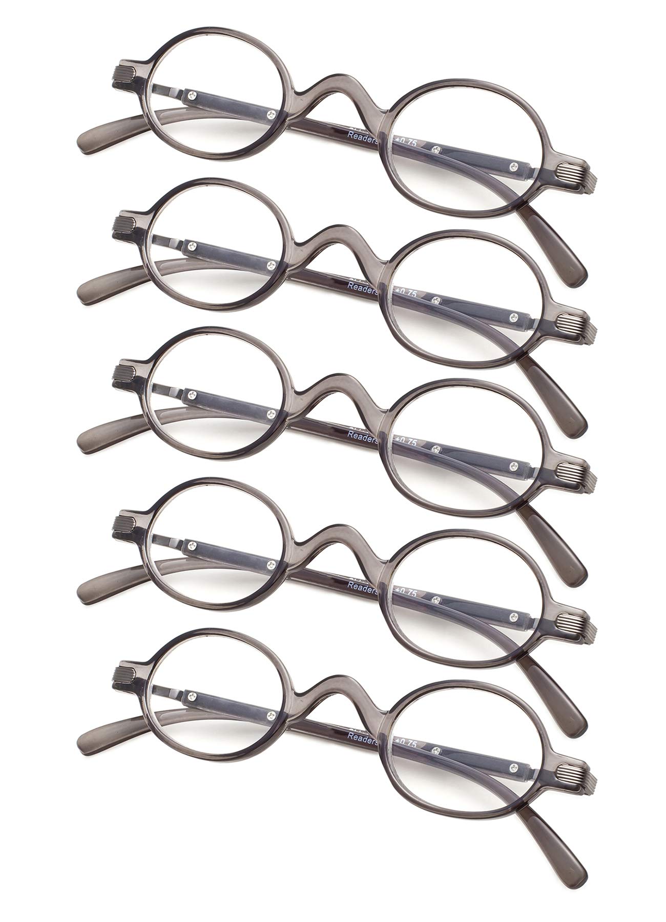 Gr8sight 5-pack Mini Oval Round Reading Glasses with Spring Temple Sunshine Readers, 5-pack Greyframe, +0.50
