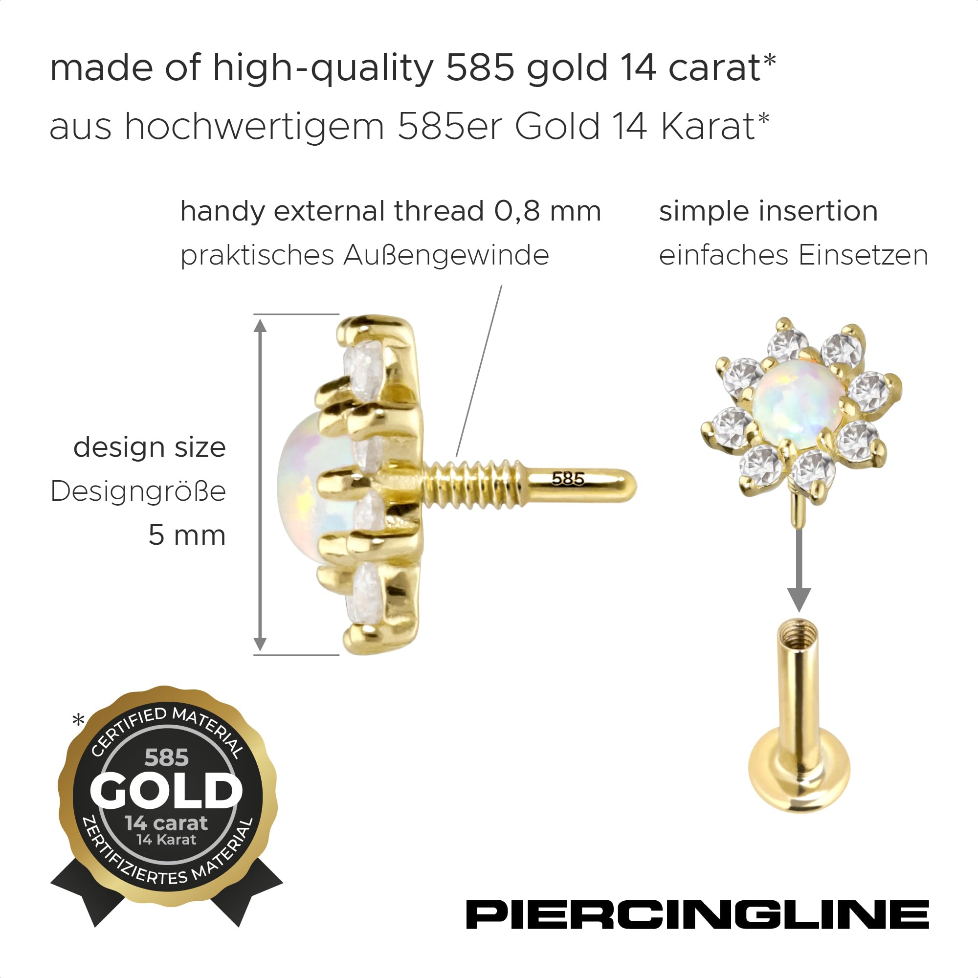 PIERCINGLINE 14 Karat Gold Ohr-Piercing Schraubaufsatz mit Gewinde OHNE Labret Stecker MOISSANIT-BLUME + SYNTHETISCHER OPAL