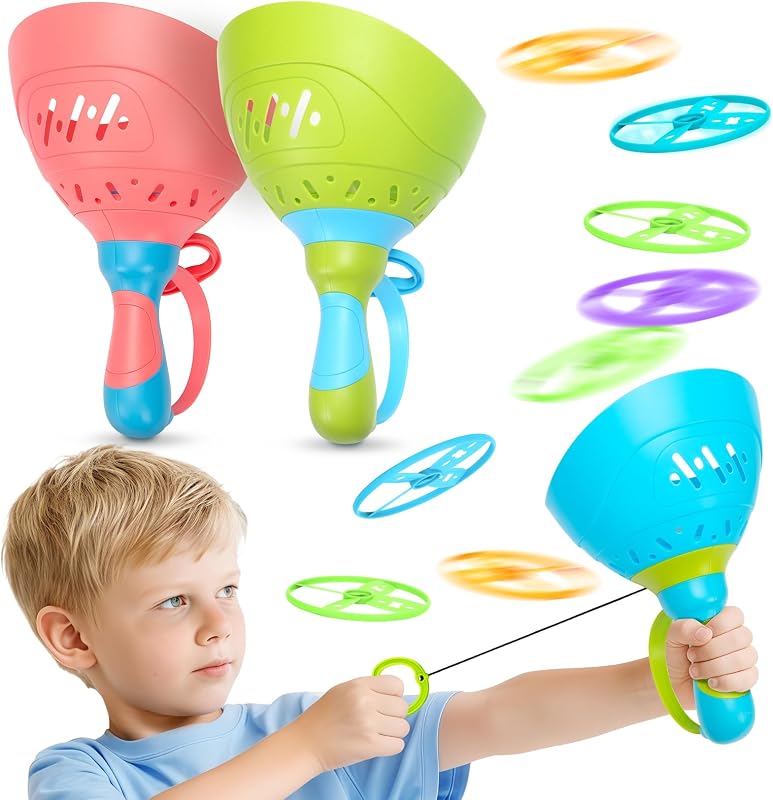 Outdoor Toys for Kids Ages 4-8, 3 Pack Flying Disc Launcher Toy | Outside Fun, Active Play, Family Fun, Screen-Free Play, Improves Coordination, Safe Durable, Great Gift for kids