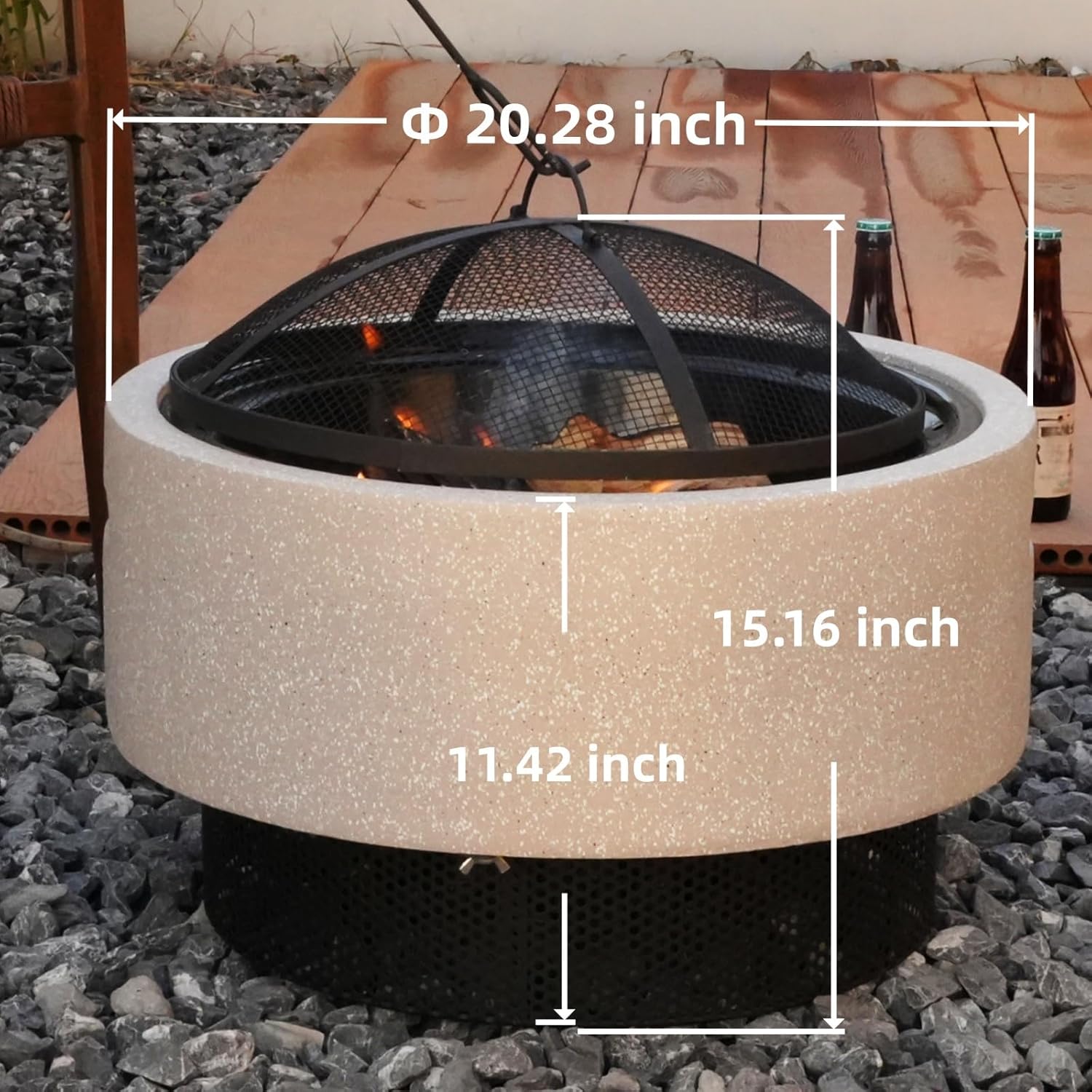 Fire Pits for Outside Wood Burning with Metal Lid & Grill,Outdoor Round Firepit with Fire Poker,Spark Screen,3-in-1 Fire Pit for BBQ,Table and Bonfire (Grey 6)