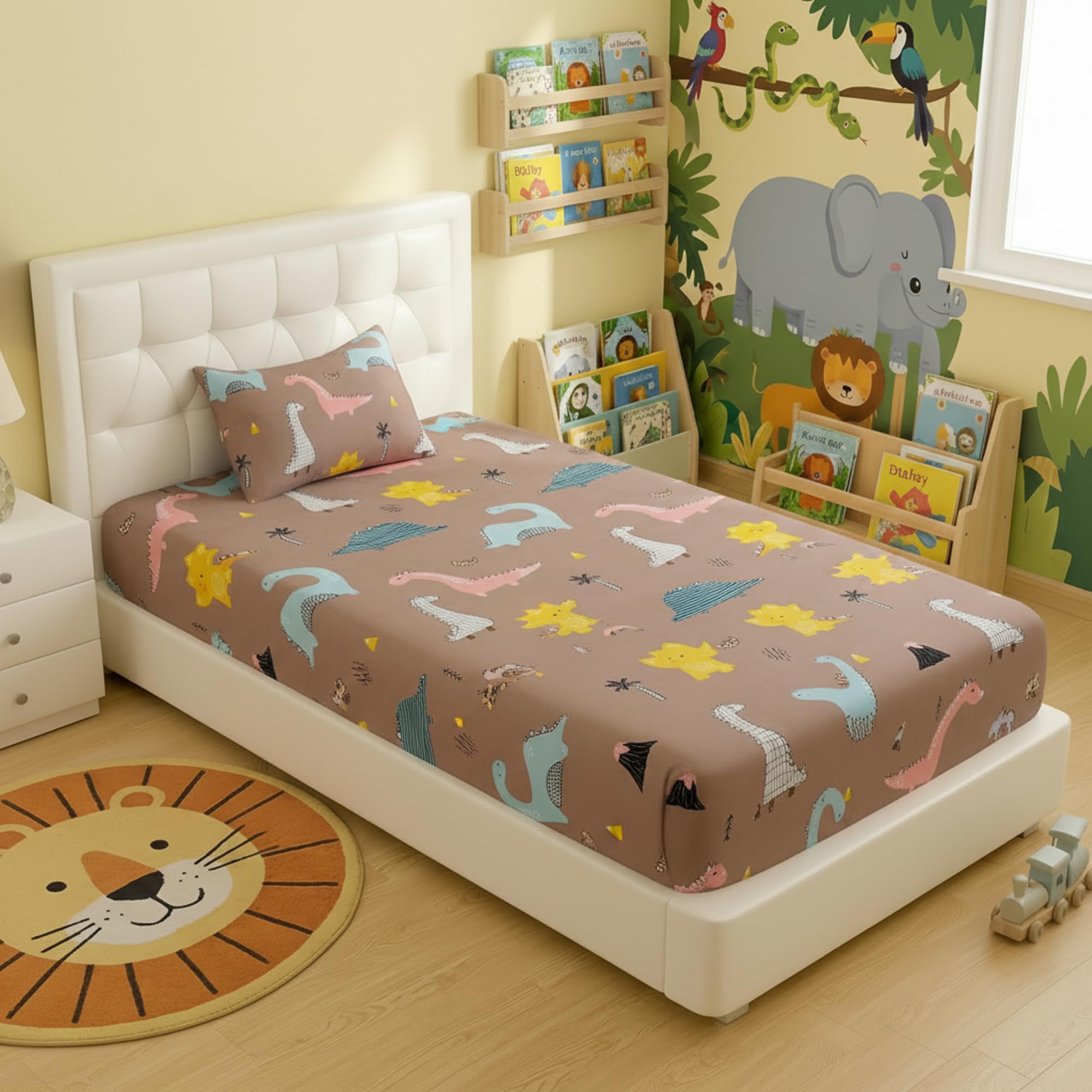 Filymore Small Dinosaurs Single Bedsheet for Kids 240 TC Cartoon Bedcover Made with Pure Microfiber(Size 60 X 90 Inches) 1 Bedsheet 1 Pillow Cover (Color-Brown)