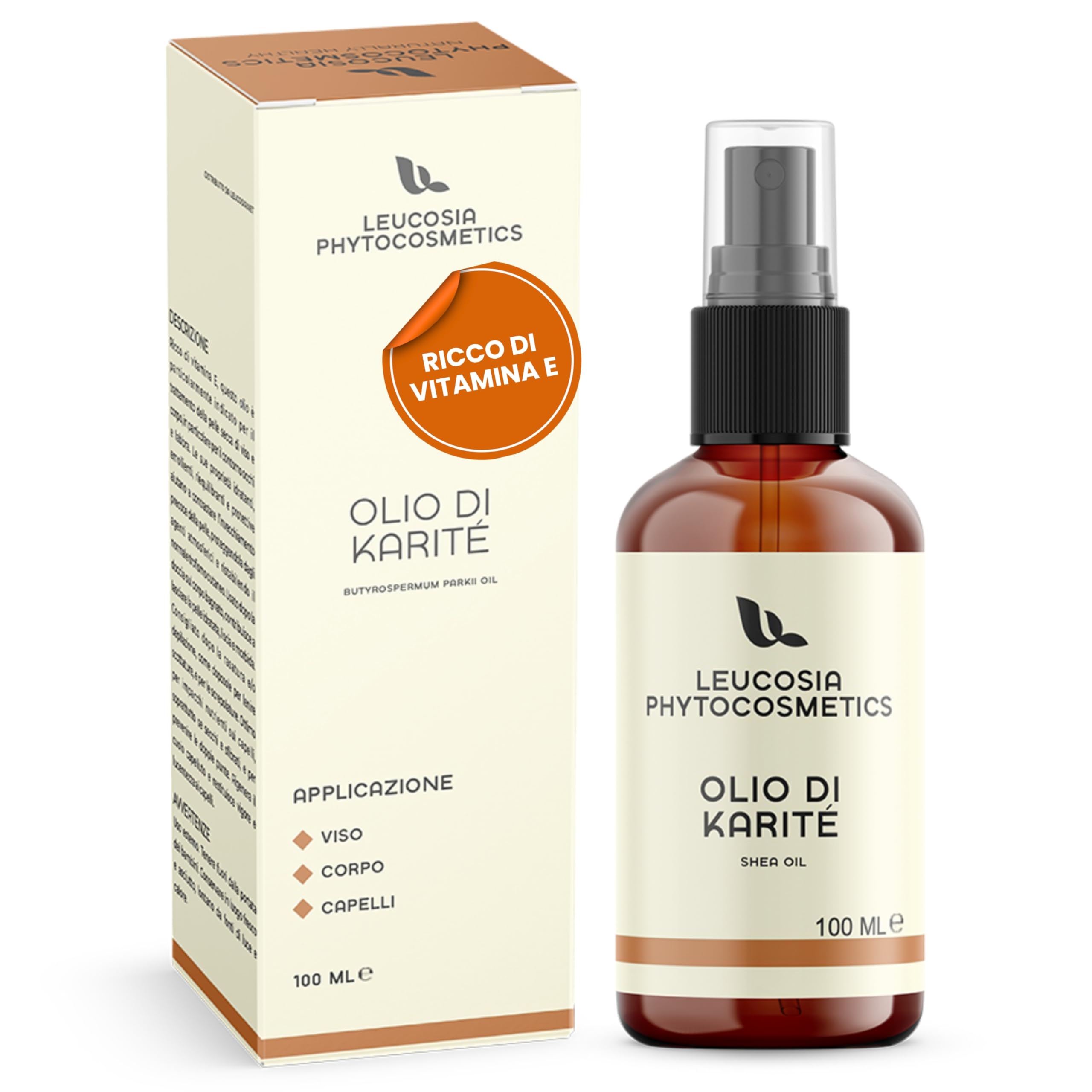 Leucosia Burro di Karitè Puro Liquido 100 ml, Comodo Flacone Spray, Idratante Naturale per Viso, Corpo, Capelli, Pelle Secca, Rughe e Smagliature