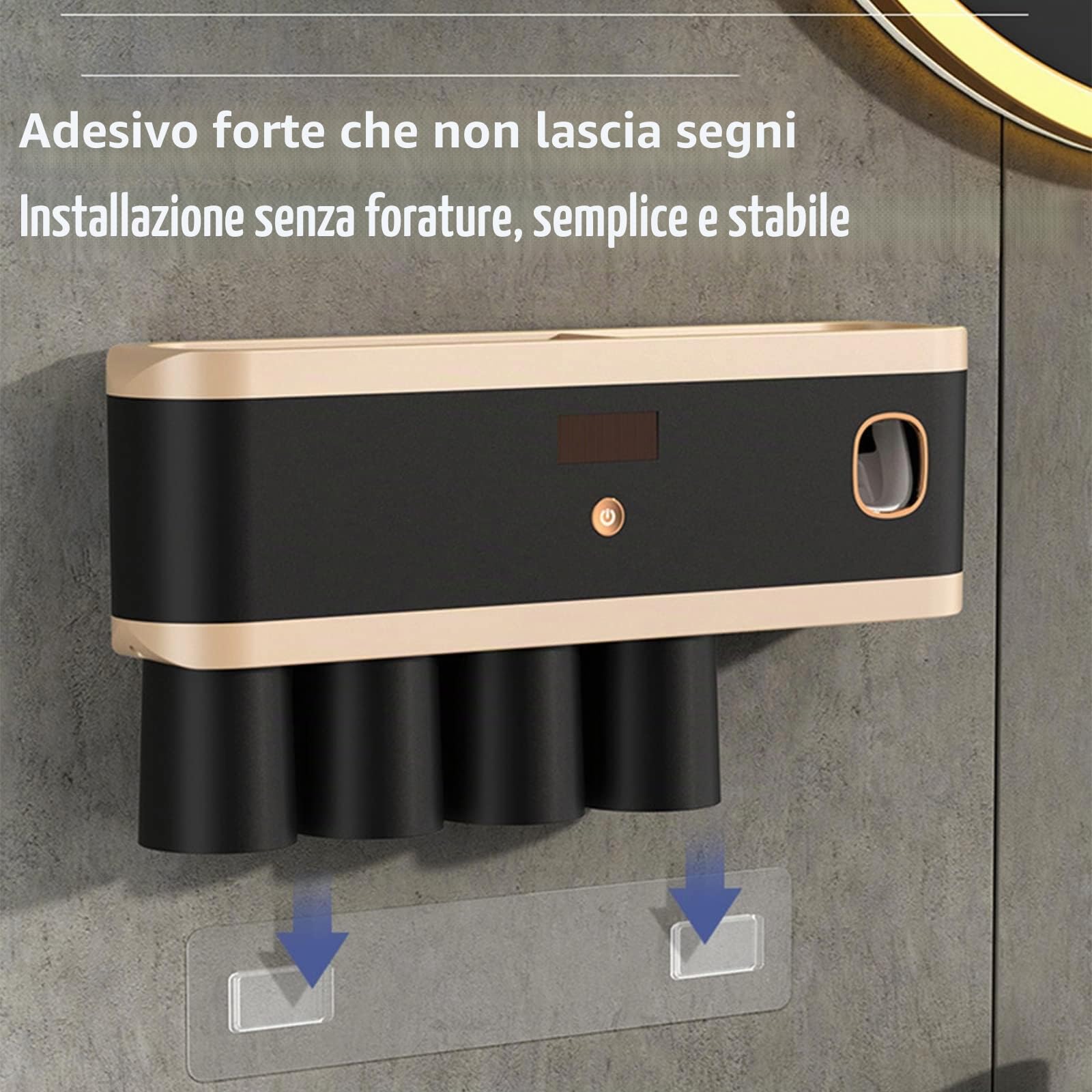 Portaspazzolino elettrico con sterilizzatore UV - A parete, ricaricabile, distributore automatico di dentifricio - Nero - Protegge e igienizza gli spazzolini - Ideale per doccia, bagno - Include 4