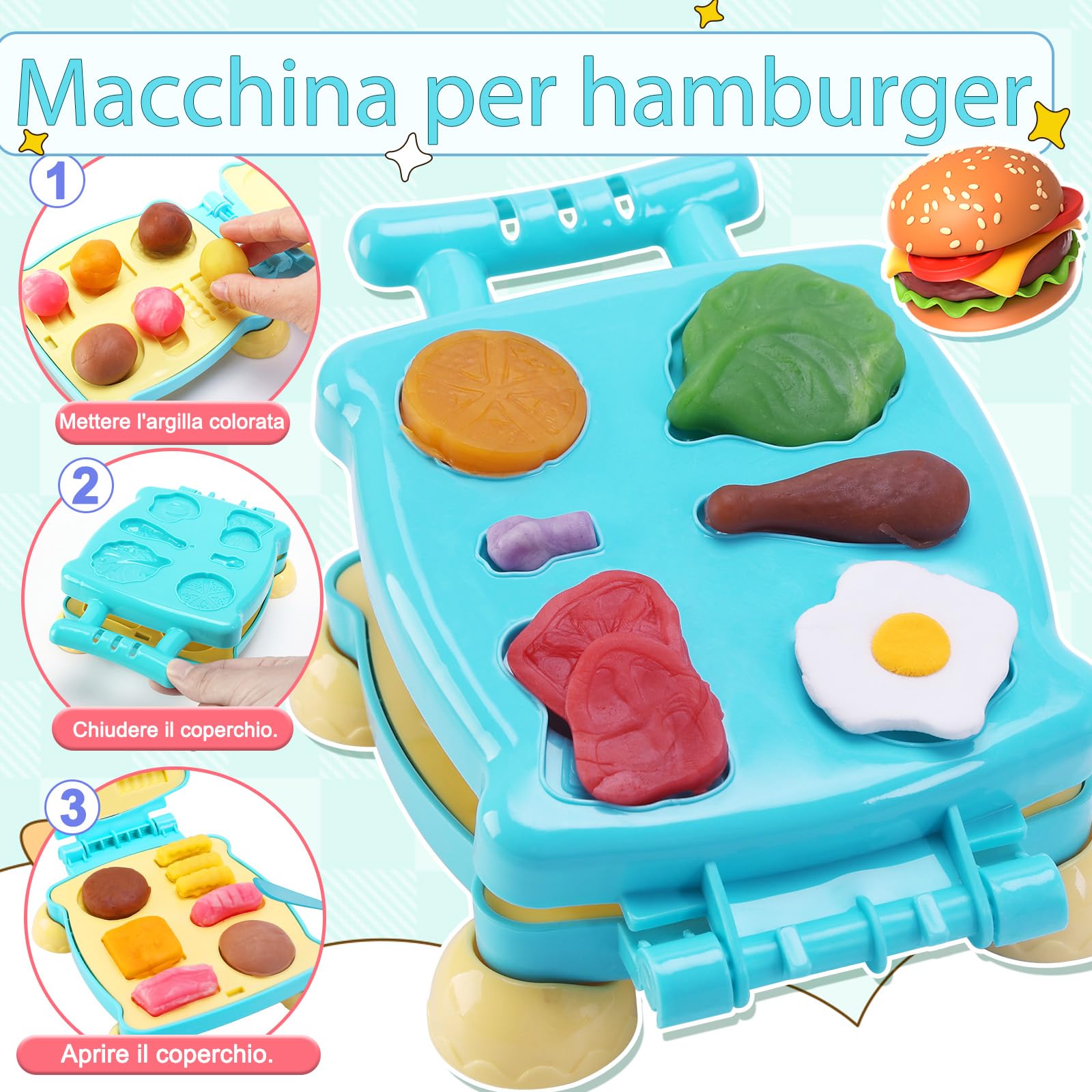 VBACALA Set Plastilina per Bambini 4 in 1-73 Pezzi,Kit Creativo con Accessori per Modellare Gelatiera, Hamburger, Torta e 24 Lattine di Argilla, Feste e Compleanni per Bambini 3+ Anni