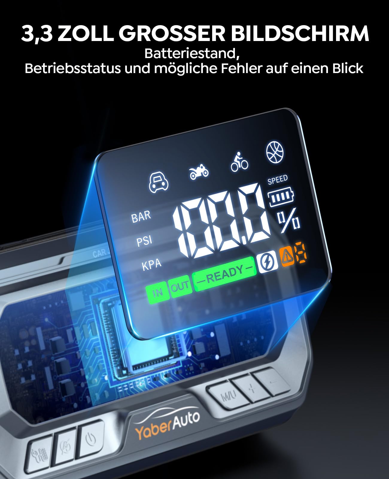 YaberAuto Starthilfe Powerbank mit Kompressor, 160PSI 8000A Auto Starthilfe, PD 65W Starthilfe Powerbank für All Benzin und 12.0L Dieselmotor, Starthilfe mit 600 Lumen Notlicht und 3.3" LCD Bildschirm