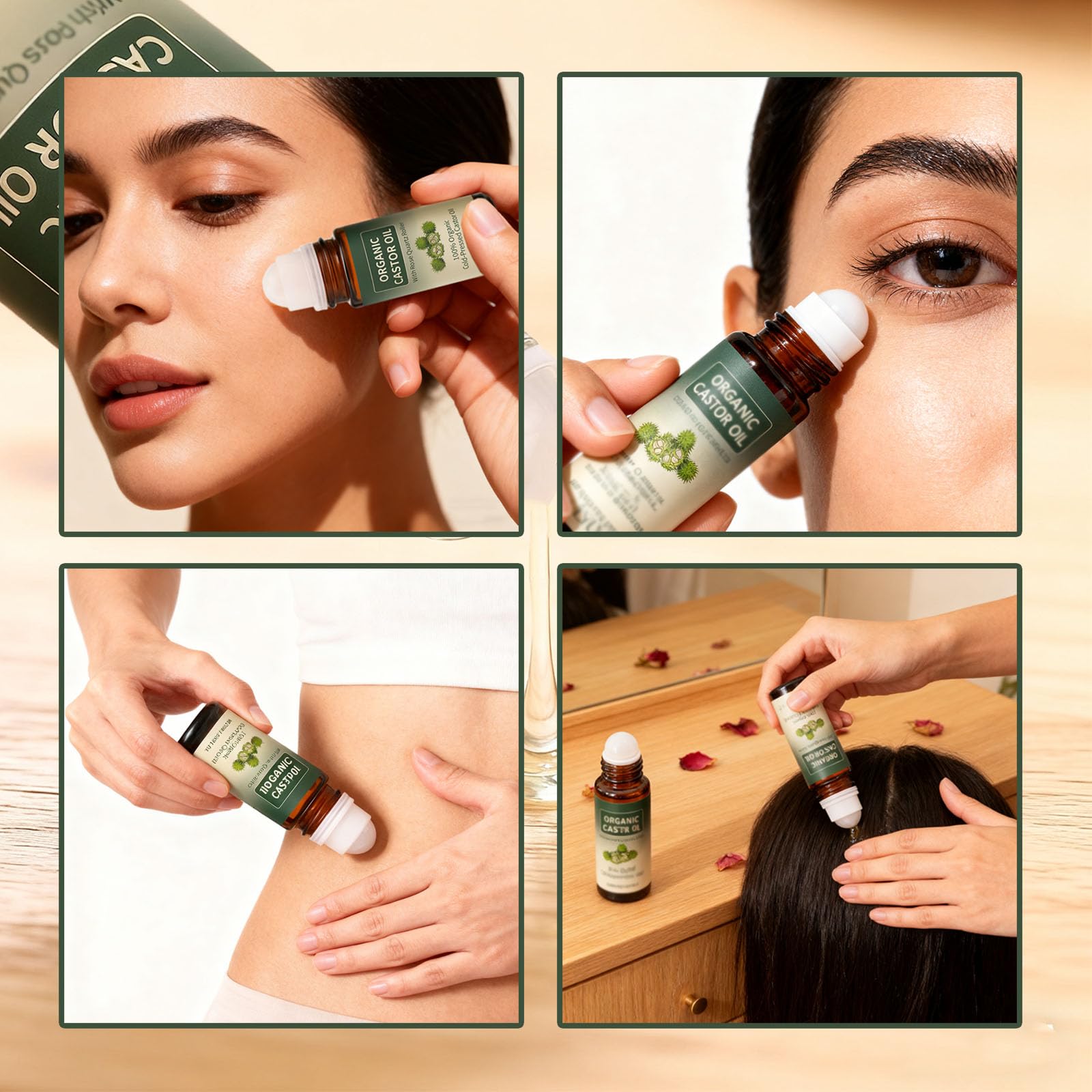 Organic Castor Oil Roll-On with Rose Quartz Roller for Skin, Brows & Lashes