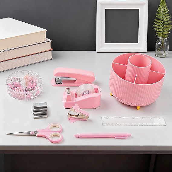 10pcs Office Clerks Staff Desk Accessories, Pink Office Supplies Set for Women, Desk Organizer with Stapler, Staple Remover, Tape Dispenser, Tape, 360 Pen Holder, Scissor, Ruler, Ballpoint Pen, Clips