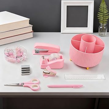 10pcs Office Clerks Staff Desk Accessories, Pink Office Supplies Set for Women, Desk Organizer with Stapler, Staple Remover, Tape Dispenser, Tape, 360 Pen Holder, Scissor, Ruler, Ballpoint Pen, Clips