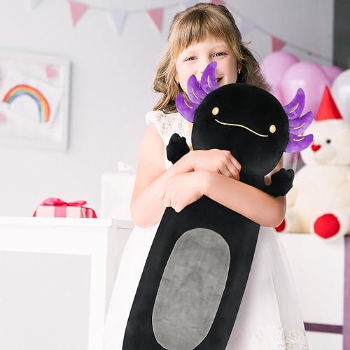 Miniatura 7 de Almohada corporal suave de felpa de ajolote negro gigante de 19.7 pulgadas, muñeca de juguete de animales de peluche de ajolote grande para niños,