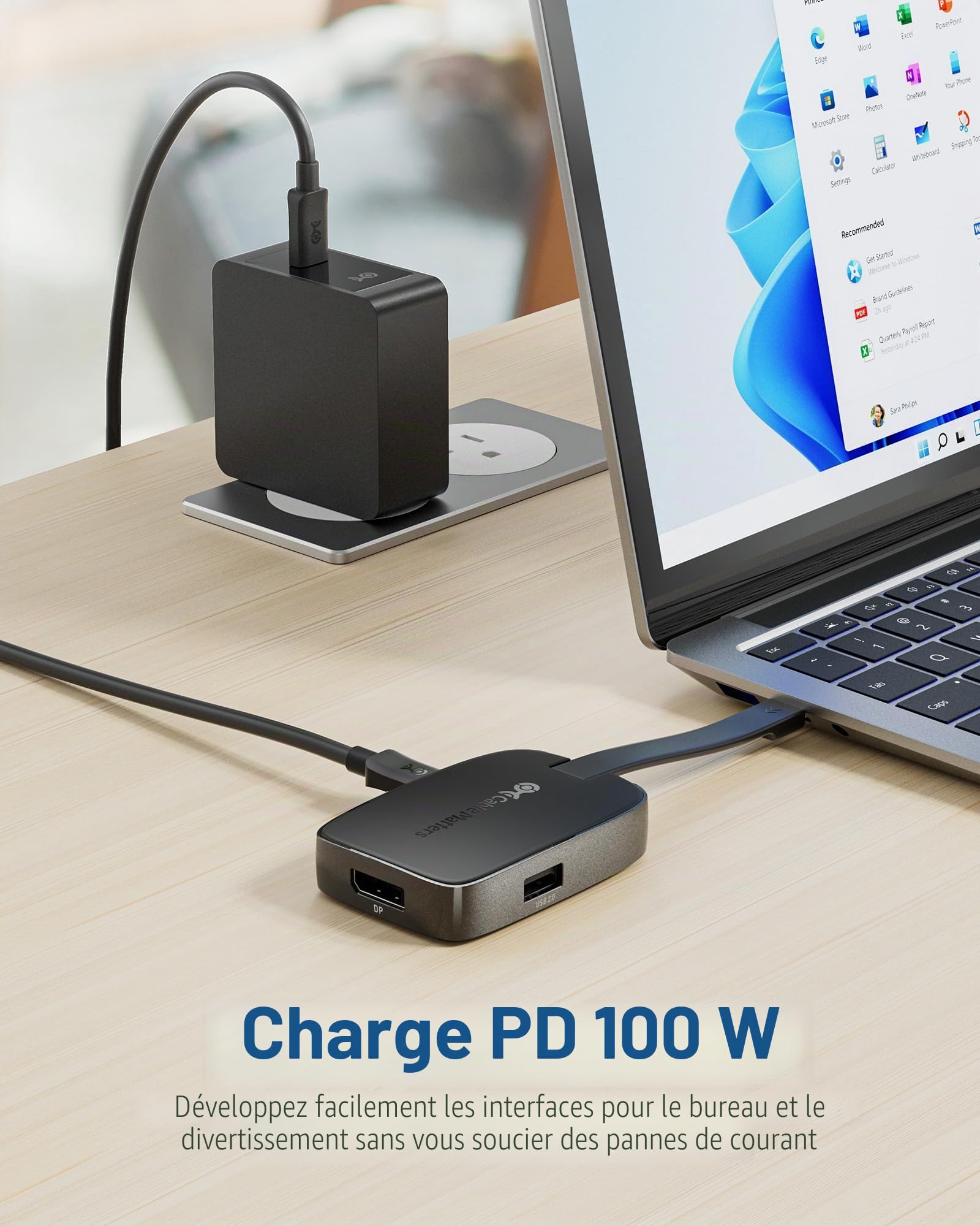 Cable Matters Pliable Hub USB-C DisplayPort 1.4 4K@240Hz 100W, Noir