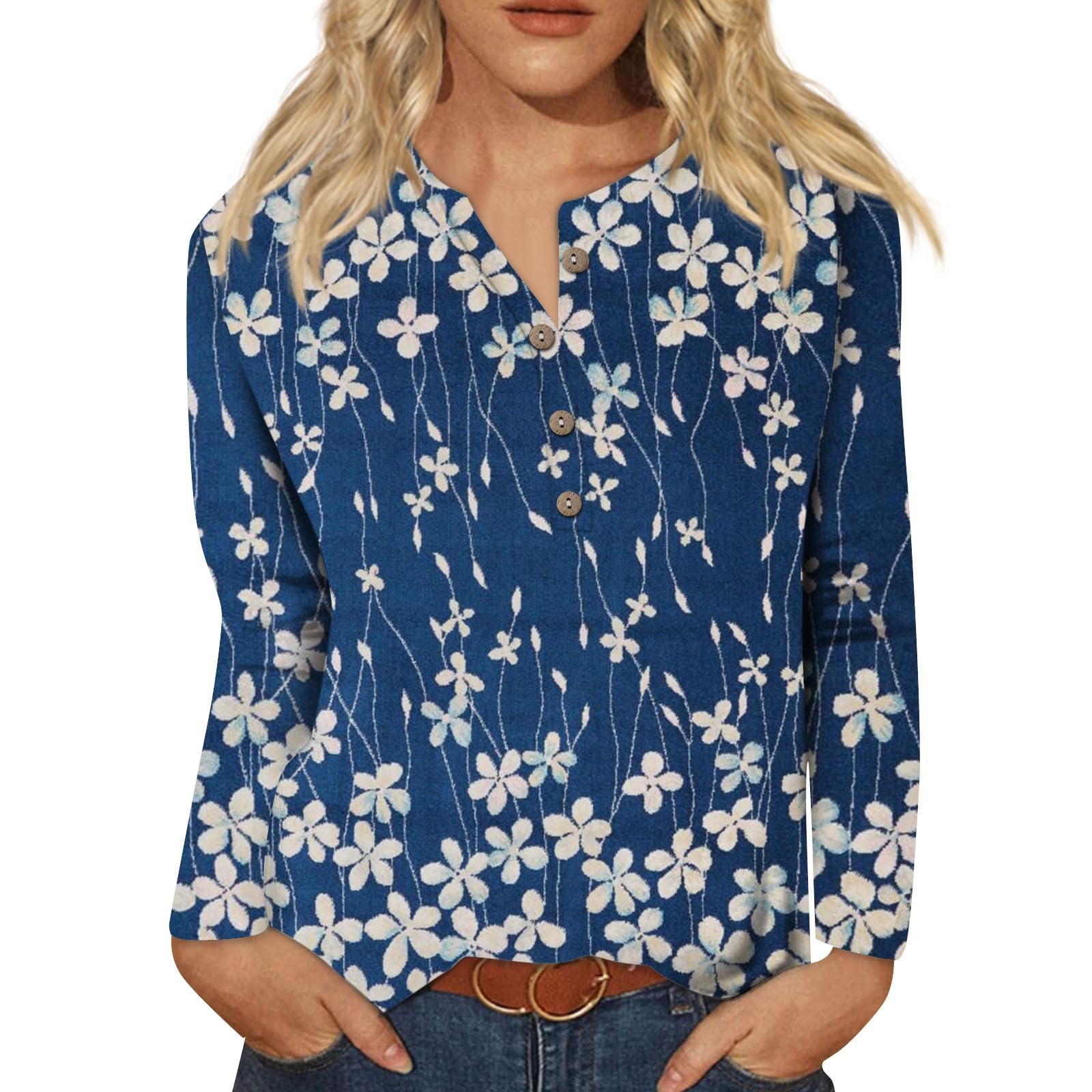 Ladies Tops Womens Fall Shirt Trendy Button Down Henley Fit Pullover Blouse Elegant Floral Print Long Sleeve Tops Long Sleeve Tops Women