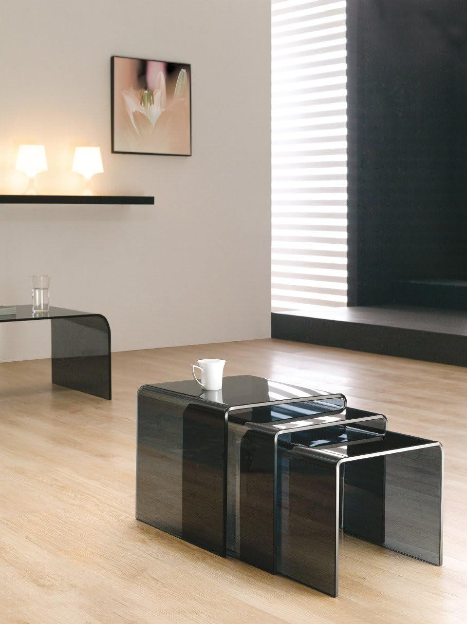 Oak Furniture King Milan Black Glass Nest of 3 Side Tables Living Room | Milan