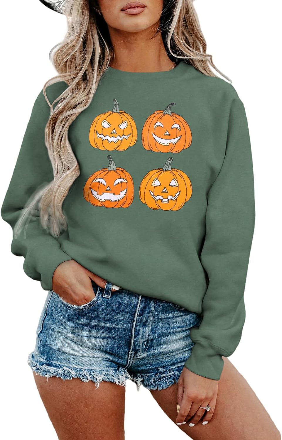 CM C&M WODRO Halloween Women Pumpkin Sweatshirt Funny Pumpkin Face Graphic Pullover Crewneck Long Sleeve Fall Shirts Top