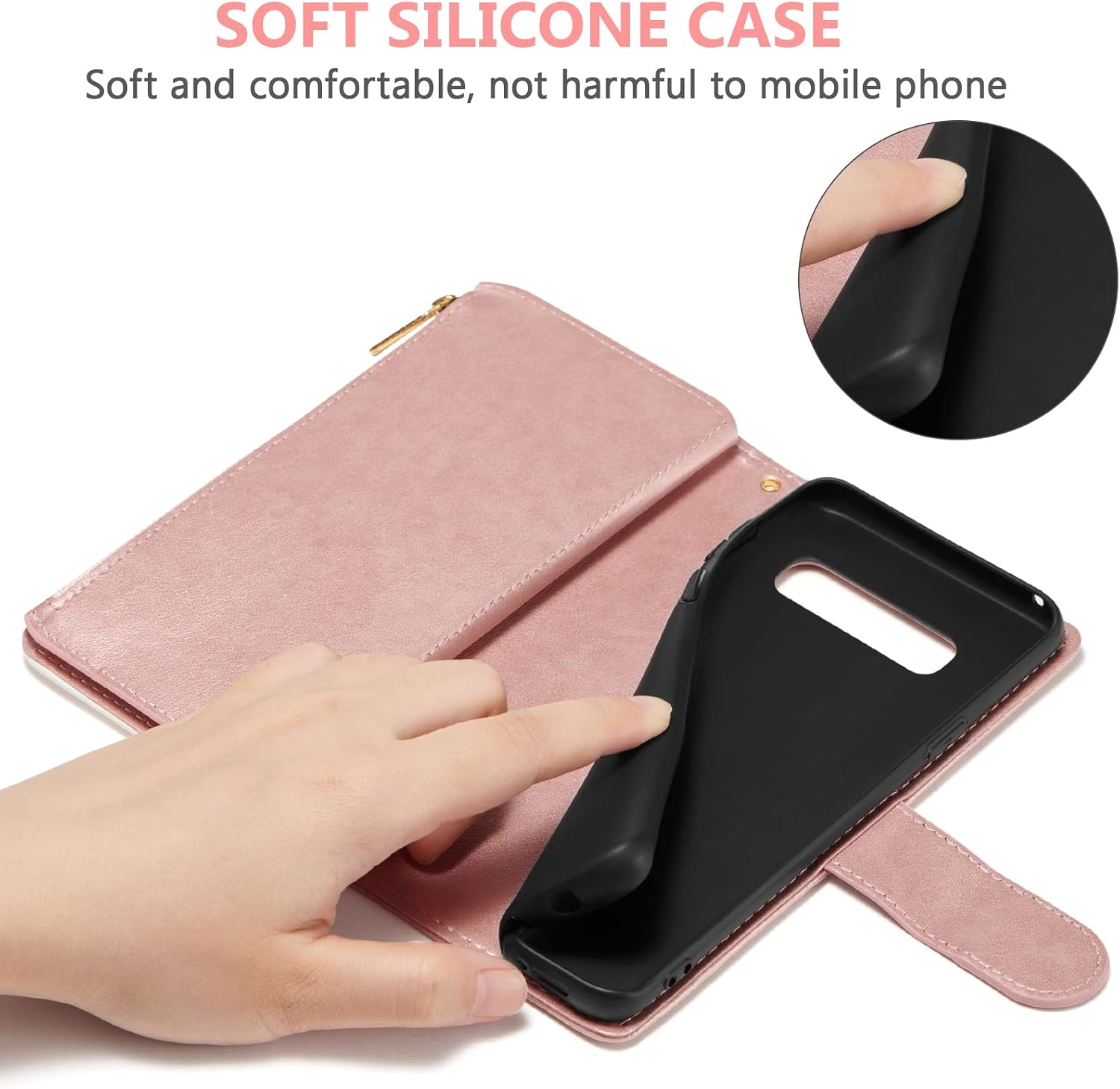 UEEBAI Wallet Case for Samsung Galaxy S10, Premium PU Leather Magnetic Closure Handbag Zipper Pocket Case Kickstand Card Slots with Hand Strap Shockproof Flip Case - Flower Rose Gold