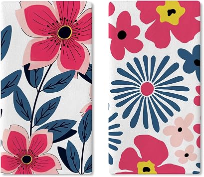 Boho Abstract Flower Kitchen Dish Towels Set of 2, Watercolor Groovy Floral Drying Hand Towel Baking Cooking Cloth, Vintage Bohemian Spring Summer Home Decoration 18 x 26 Inches