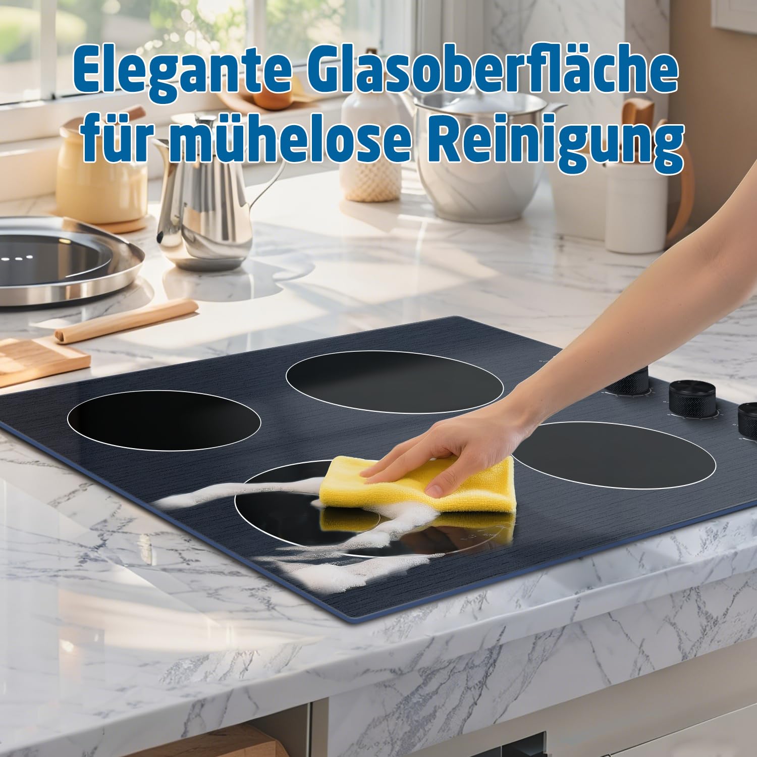 Keramikochfeld 4 Platten mit Knopfsteuerung, Glaskeramikkochfeld 60cm,6000W | Elektrokochfeld Einbau 4 Zonen mit 9 Leistungsstufen, 220V-240V, Kein Stecker