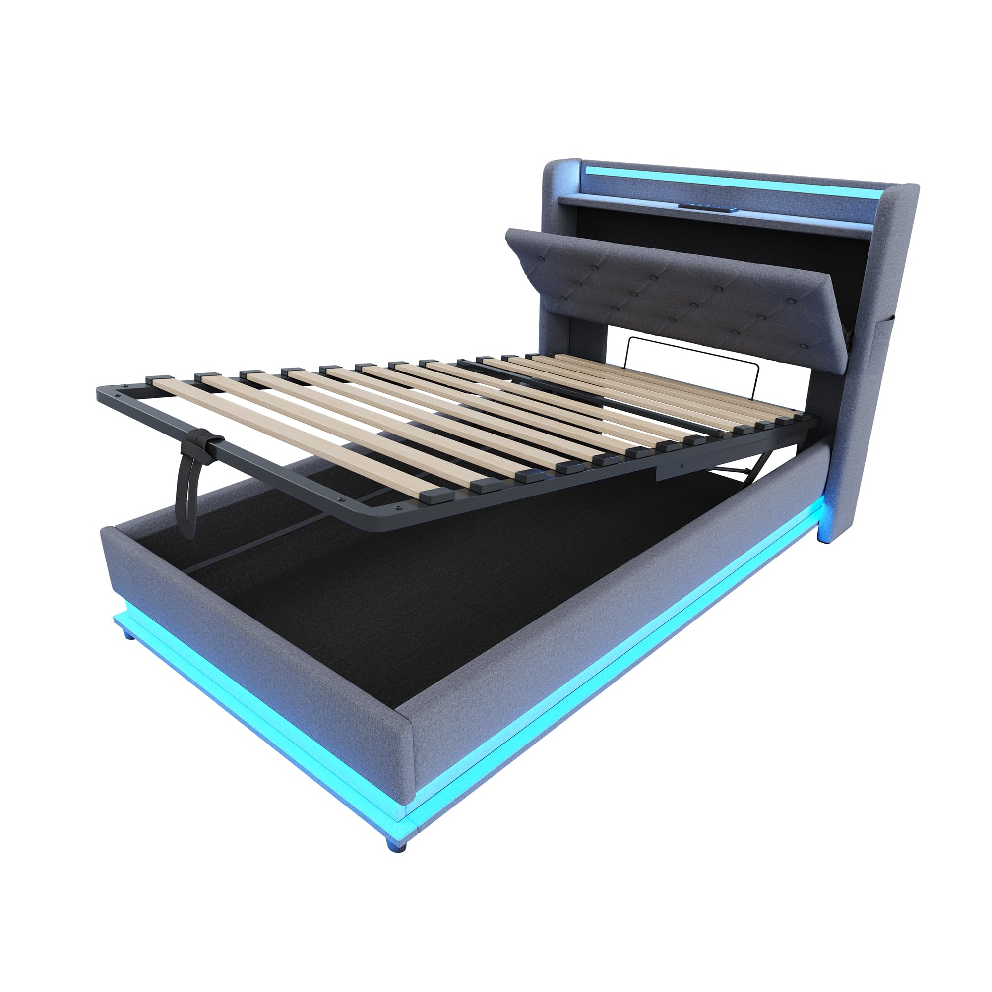 Letto Imbottito 90x200 cm, Letto Singolo per Bambini con LED Luci e USB Porta, Modern Struttura del Letti Idraulico con Contenitore Testiera, Tasca e Rete a Doghe, Lino,Senza Materasso (Grigio)