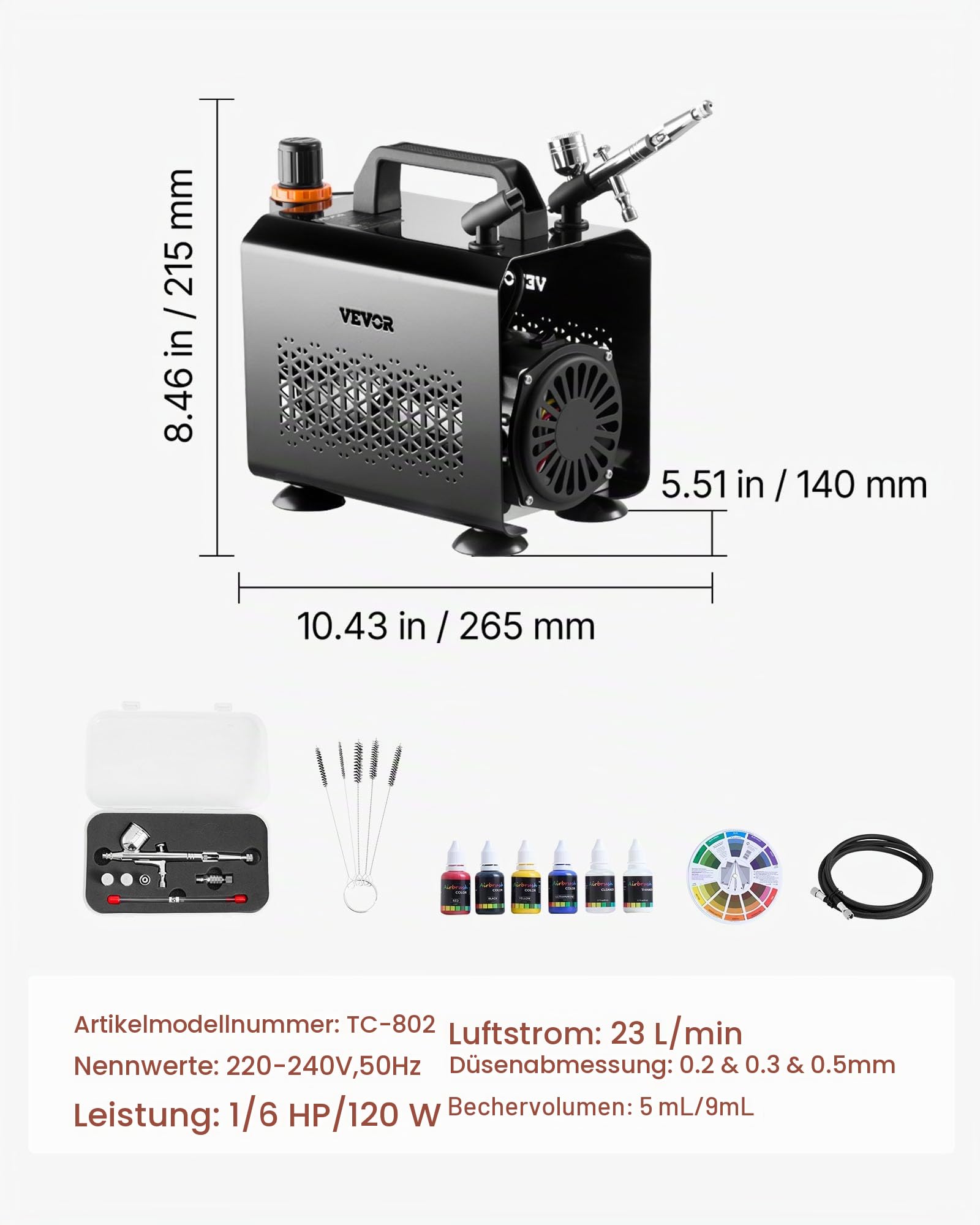 VEVOR Airbrush Set 1/6 PS mit Luftkompressor, 1 Dual Action Airbrush Pistole mit 3 Düsen (0,2/0,3/0,5 mm) & Schlauch & Acrylfarbe & für Kuchendekoration Modellmalerei Nagelkunst geräuscharm