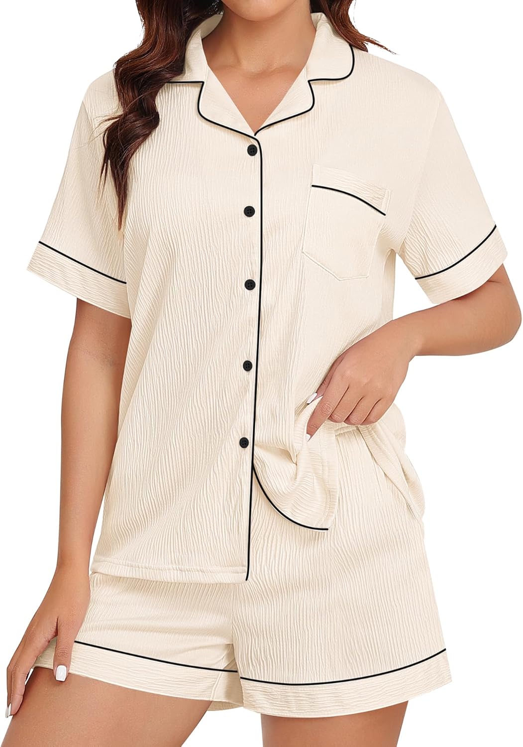 SWOMOG Women 2 Piece Pajamas Sets Short Sleeve Sleepwear Printed Pj Sets Button Down Shirt with Classic Shorts Set S-XXL