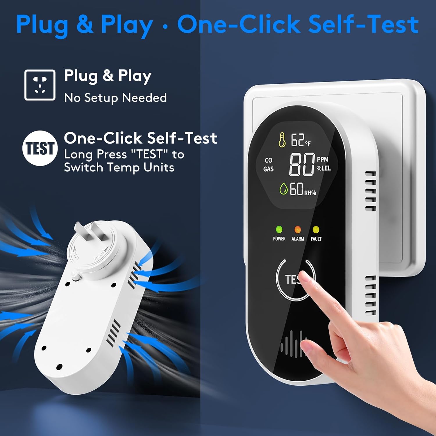 3 Packs Carbon Monoxide Detectors Plug-in, 4-in-1 CO & Gas Leak Alarm with Digital Display and 85dB Alert, Easy Install for Bedroom, RV, Camper — Portable Protection Anytime