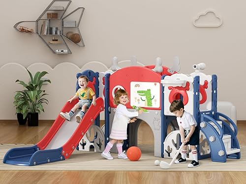 Miniatura 10 de XJD Juego de tobogán 7 en 1, tobogán para niños pequeños a partir de 1 años, juego de tobogán para niños pequeños con aro de baloncesto y pelota,