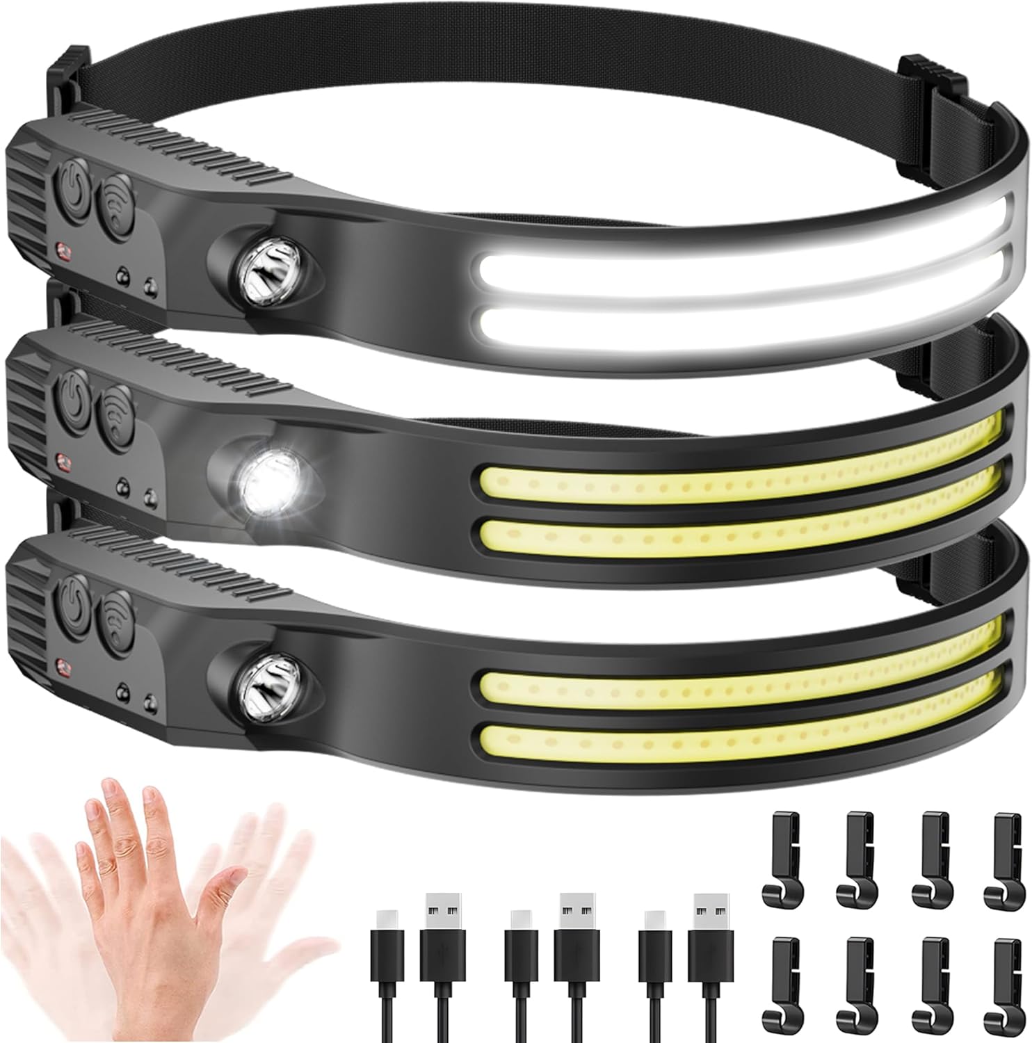 3 faros LED recargables  230 COB luces de cabeza superbrillantes para la frente, luz de casco duro para adultos, linterna USB C diadema para