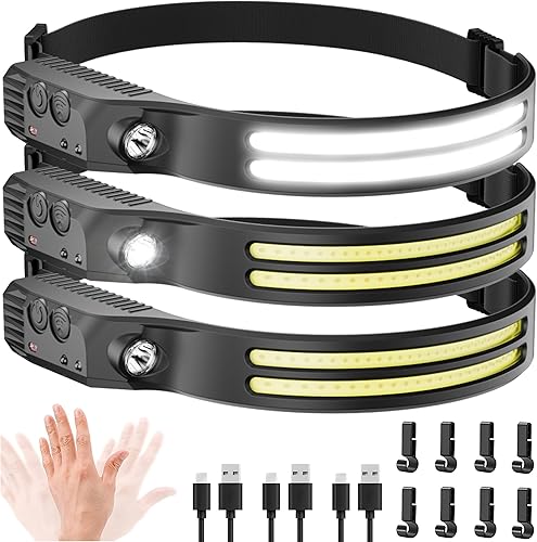 3 faros LED recargables 230 COB luces de cabeza superbrillantes para la frente, luz de casco duro para adultos, linterna USB C diadema para