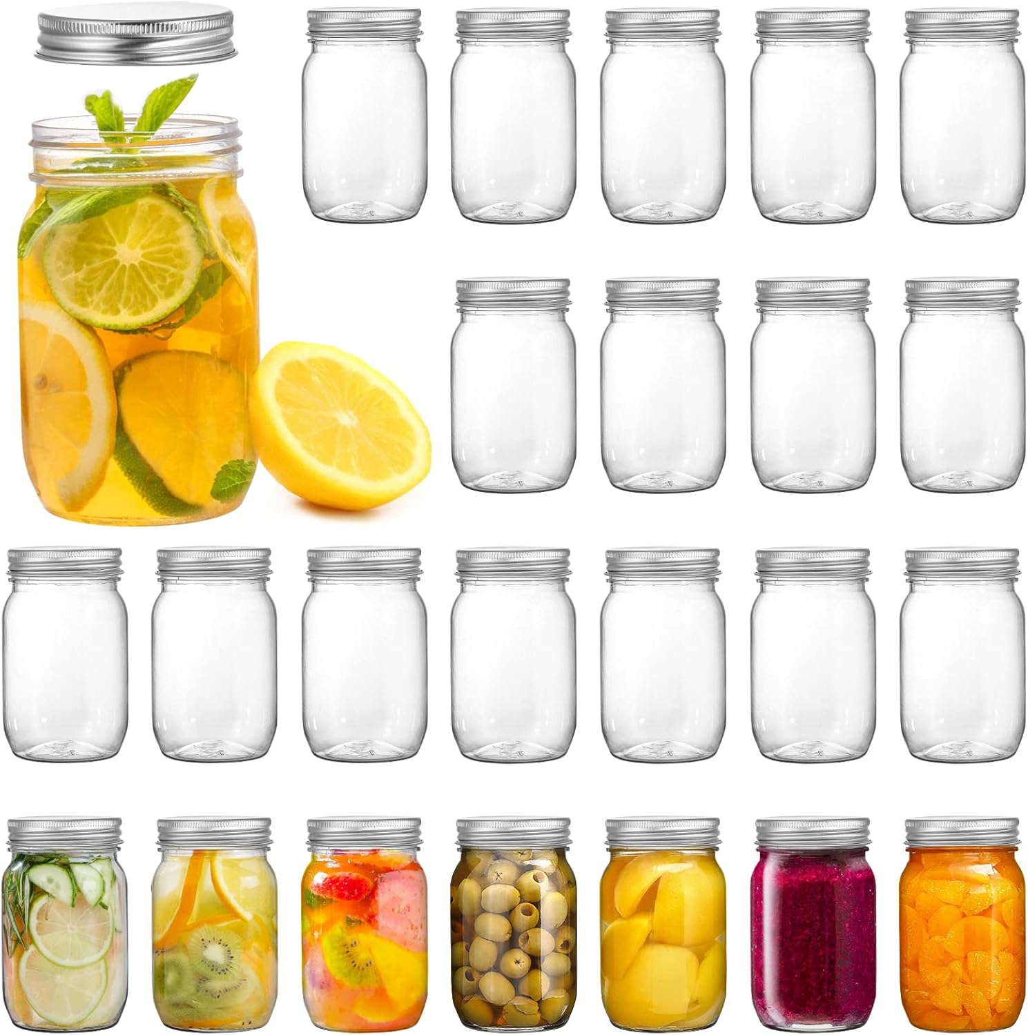 Tebery 12 Pack Clear Plastic Mason Jars with One Piece Lids, 16OZ Mason Cocktail Cup Shatterproof Drinking Jar, Refillable Empty Slime Storage Containers for Overnight Oats, Honey, Spices and Herbs