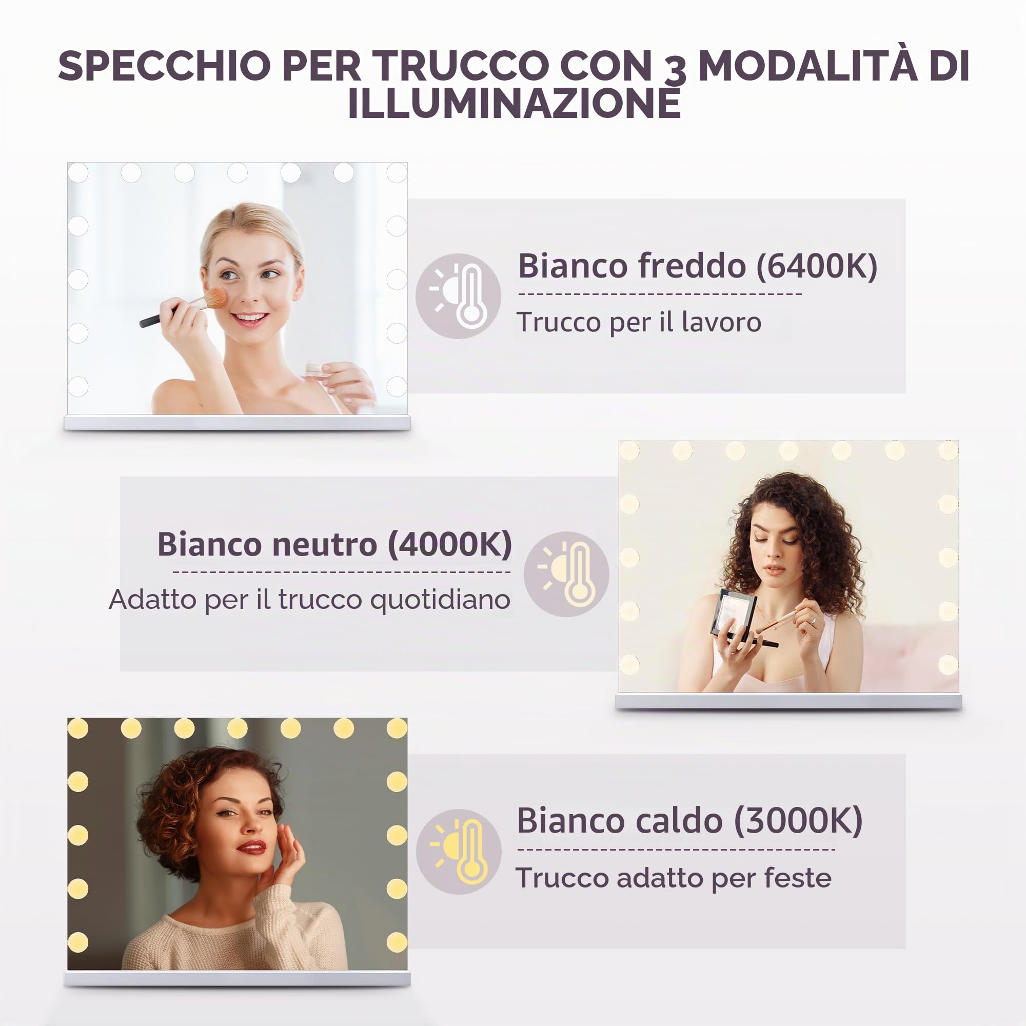 SONNI, Hollywood - Specchio da trucco, 58 x 46 cm, con 3 temperature di colore, 15 lampadine a LED, specchio grande con controllo touch e funzione di memoria della luminosità