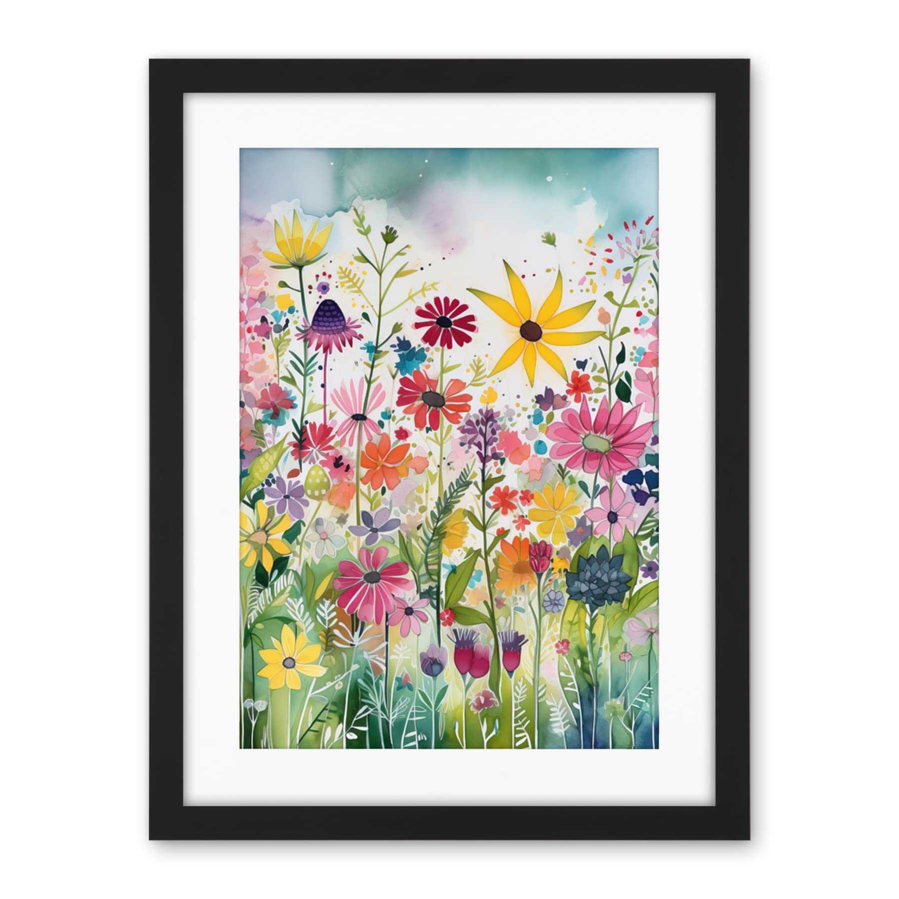 Artery8 Bright Wildflower Floral Blooms Folk Art Artwork Framed Wall Art Print 18X24 Inch
