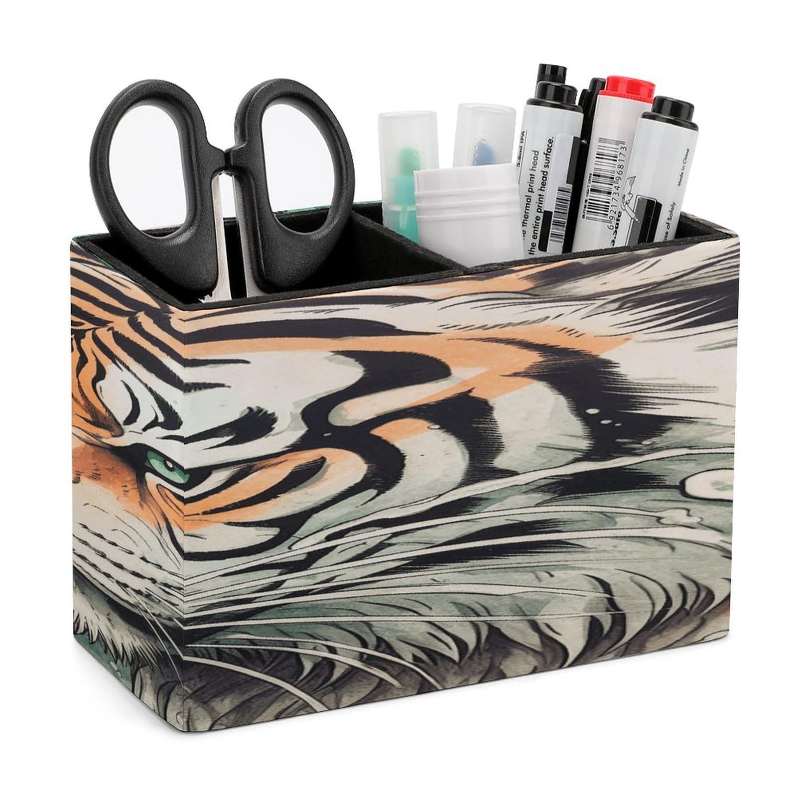 VstaDank A Hand Drawn Tiger Pencil Holder for Desk(Double Slots) Fashion Leather Pencil Cup Simple Rectangular Shape Pen Holder Multi-Functional Pen Cup for Home Office Supplies Storage