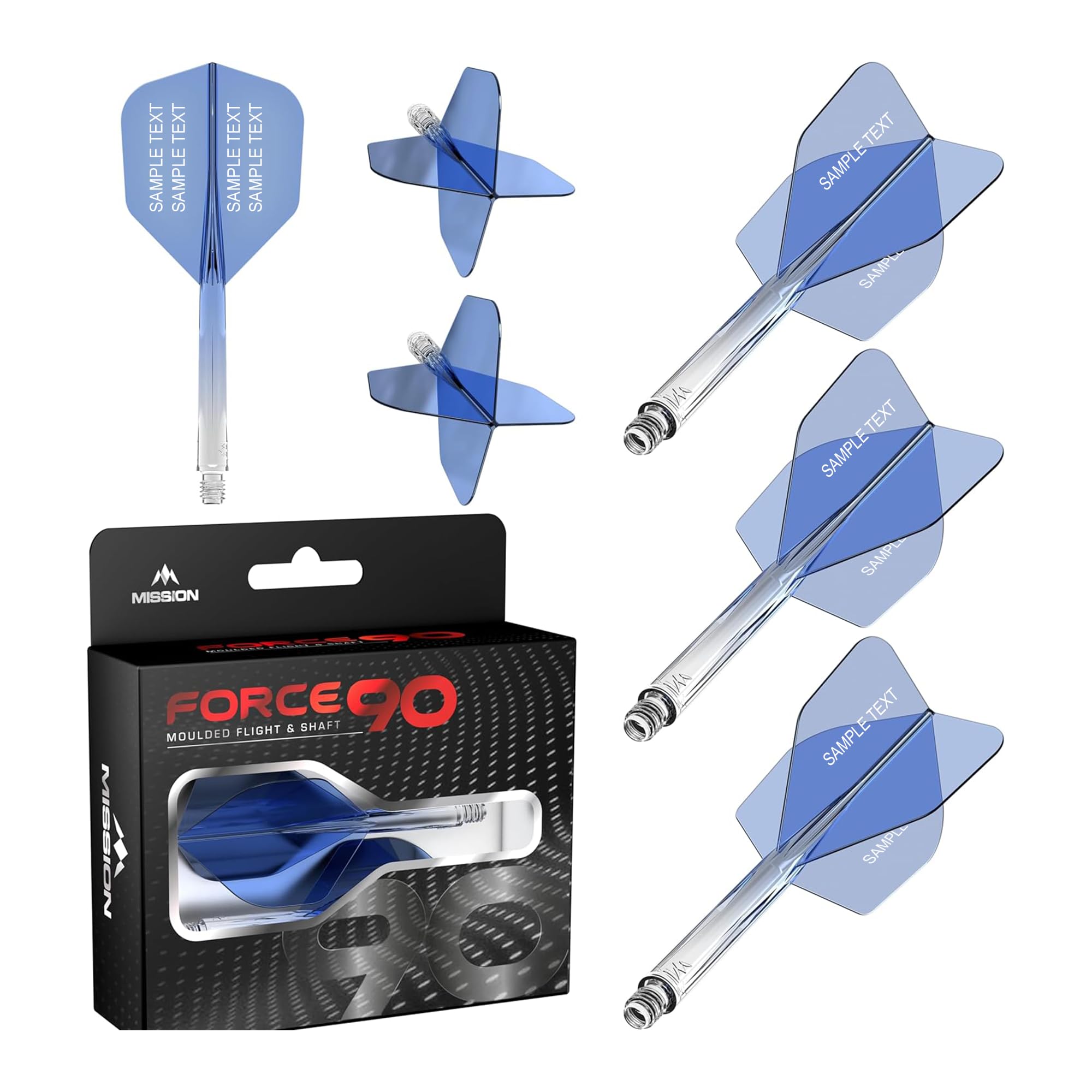 Mission Darts Force 90 | Personalised Integrated Precision Moulded Dart Flight And Shaft System, Highly Durable Combined Dart Flights And Stems | Standard No.6. (Transparent Blue, Short)