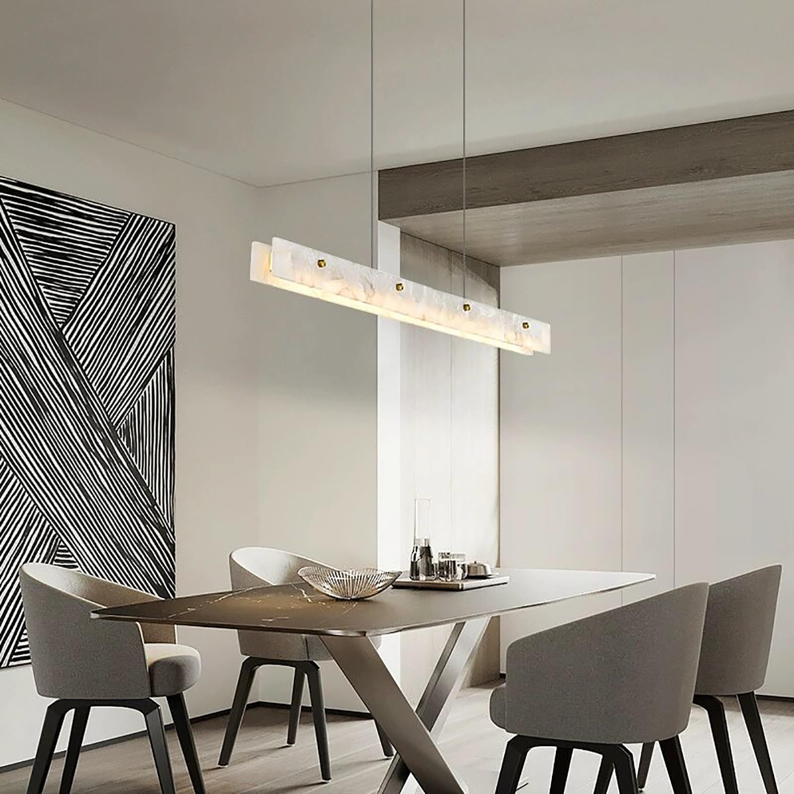 Lampadario Rettangolare in alabastro per Isola Cucina, Lampada a Sospensione a LED dimmerabile, Moderno, lineare, Effetto Marmo, per Sala da Pranzo, Soggiorno, Camera da Letto (100