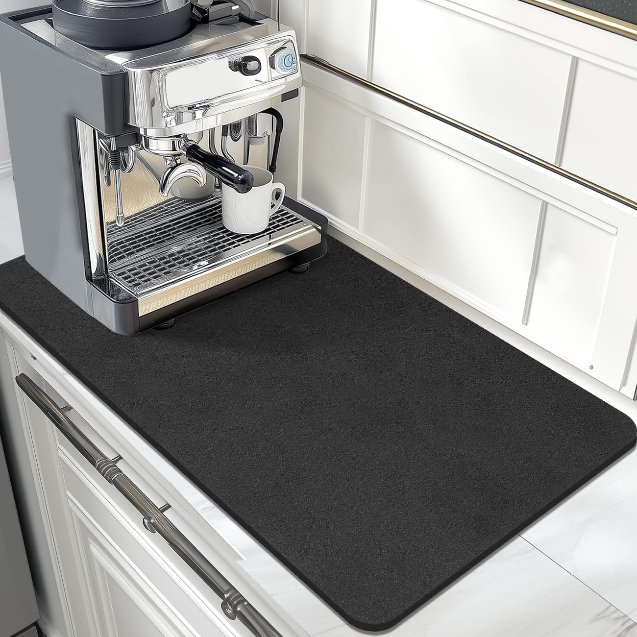 Findosom Dish Drying Mat, 17"x 32" Super Absorbent & Hide Stain Coffee Mat, Cuttable Drying Mat for Kitchen Counter, Coffee Bar Accessories, Under Dish Rack, Coffee Maker, Espresso Machine, Black-2