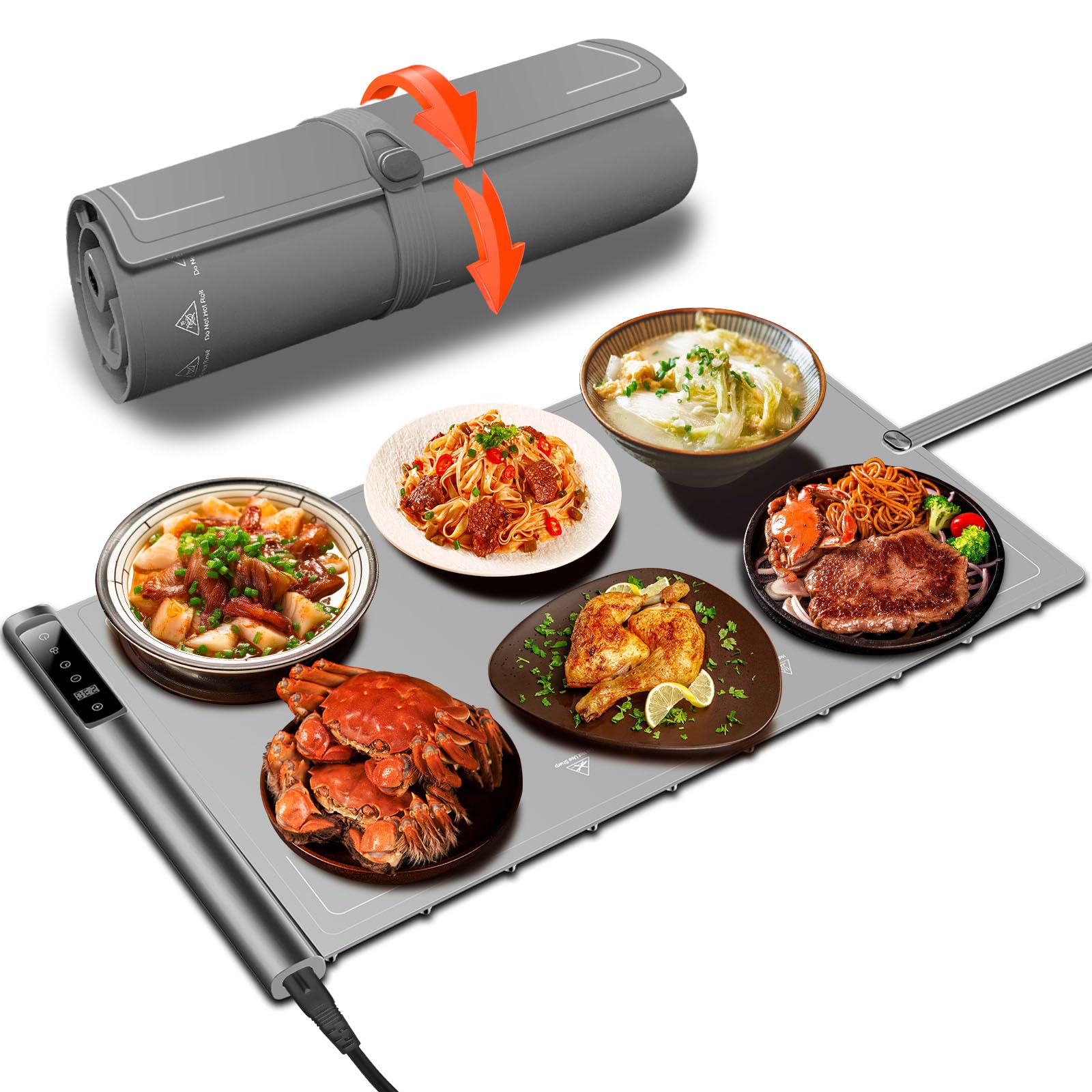 Warming Mat for Food,Silicone Electric Warming Tray for Buffets Party and Home,10s Fast Full Surface Food Heating pad,Portable Design for Daily Use,8 Temperture Settings & 1-6h Timer (Dark Grey)