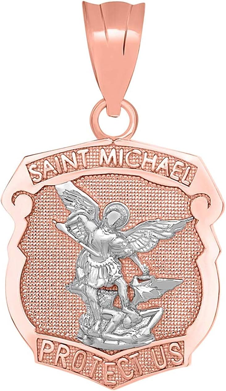 14K Yellow, White, Rose, or Two Tone Gold Saint Michael the Archangel Protect Us Shield Medal Necklace Pendant Charm
