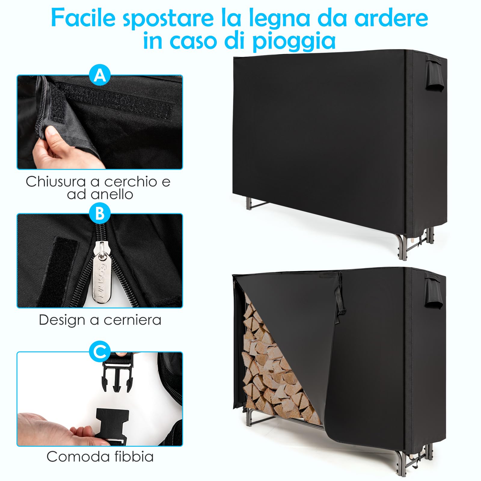 COSTWAY Porta Legna da Esterno 153 cm, Portalegna con Copertura in PVC Impermeabile e Struttura in Ferro, Nero