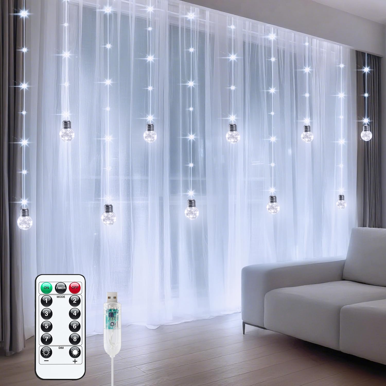 Minetom 200 LED Wishing Ball Curtain Lights - Fairy String Lights with Remote, USB Powered Waterproof for Christmas Wedding Party Bedroom Decoration, Pure White