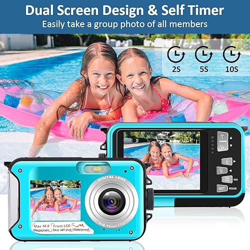 Miniatura 2 de Cámara digital impermeable 2.7K 48MP 10FT Cámara subacuática 16X Zoom digital Cámara impermeable Selfie Pantalla dual Cámara submarina para snorkel,