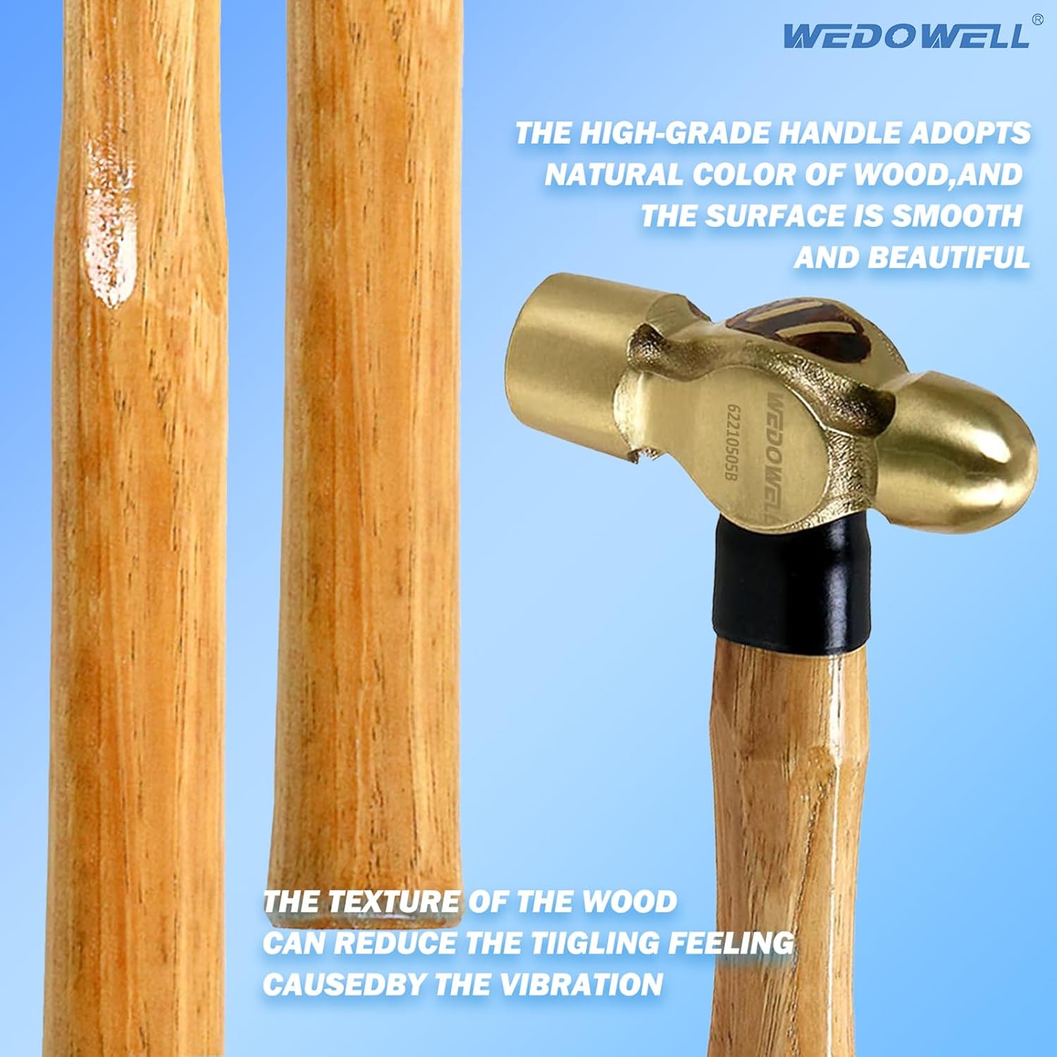 WEDOWELL 1lb Brass Ball Pein Hammer, Brass Ball Peen Hammer with Wooden Handle,Length 300mm,Die-forged,DIN Standard,Ideal for Demolition,Construction,Blacksmithing