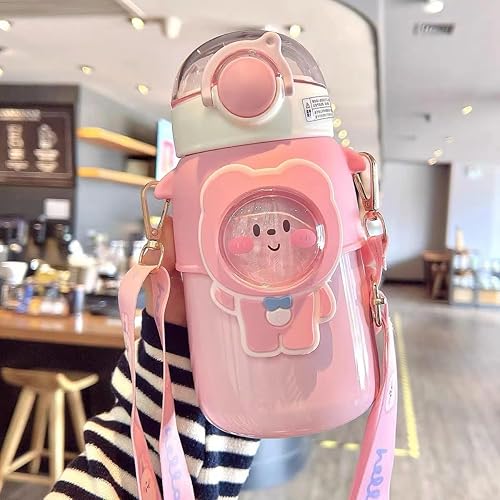 Miniatura 2 de Kawaii Bear - Botella de agua con popote y correa para el hombro, a prueba de fugas, de acero inoxidable al vacío, sin BPA, lindas botellas de agua